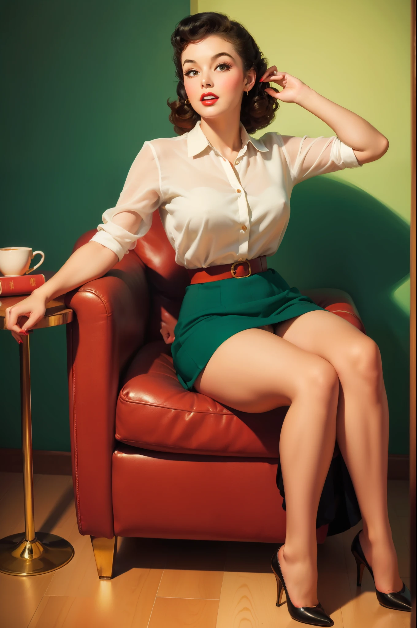 20 years old girl sitting on the chair, vintage,  retro pin up style, sexy, feeling wonderful, surprised, up skirt, flowing skirt,  colorful , masterpieces, illustrated,