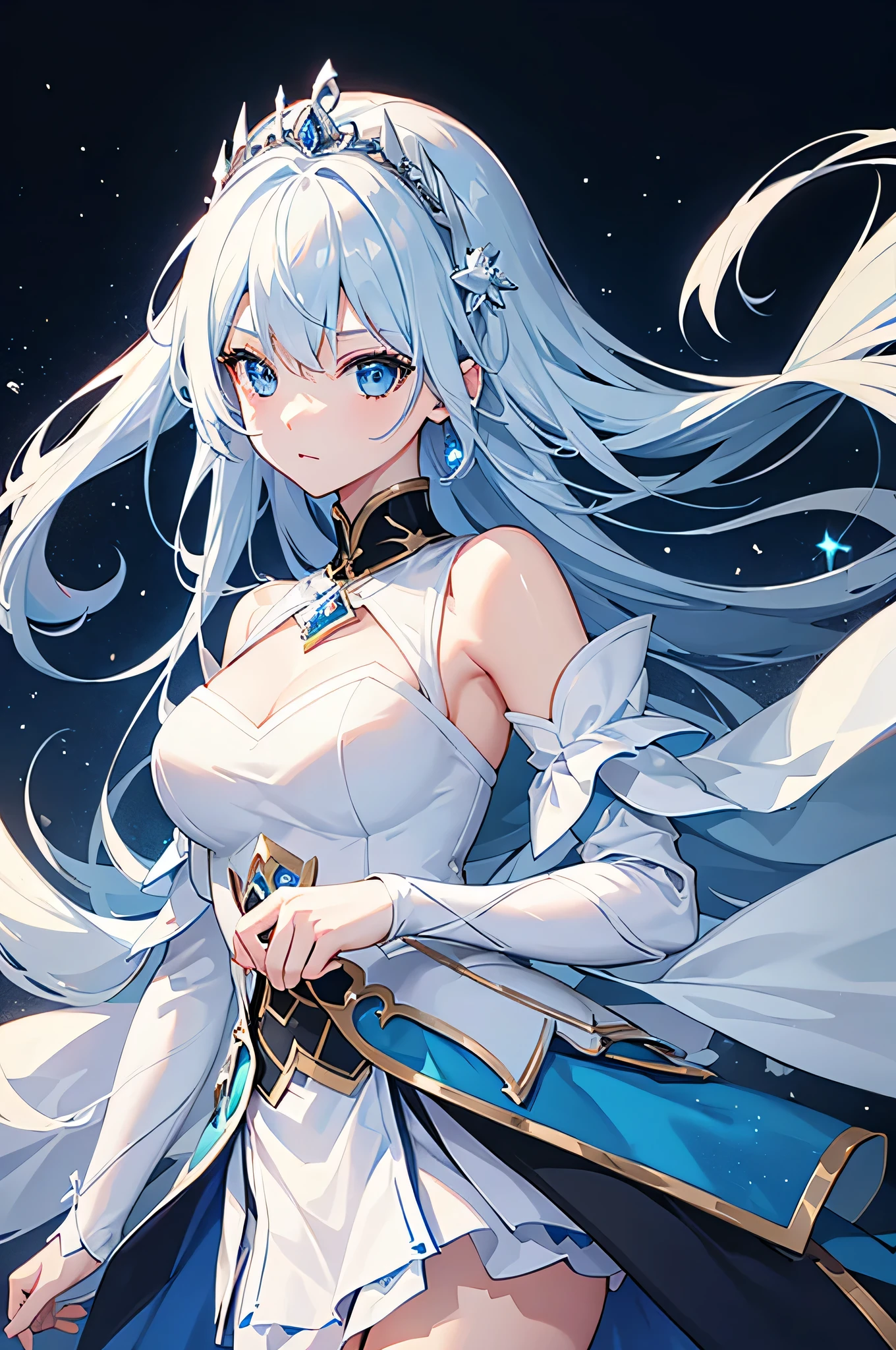 4K,hight resolution,One Woman,white-blue hair,Longhaire,Blue eyes,Knights,氷で出来たKnightsの鎧,Princess tiara,Crystal Sword,Land of Ice