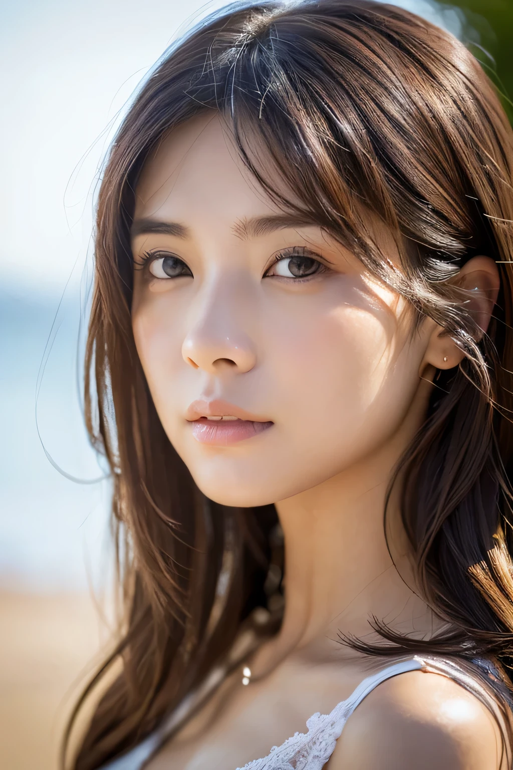 (ighly detailedで高品質なイラストの照明と影の効果, Ultra-realistic), Beach, Young woman with wheat skin color and short bright white hair, Looking at the sea with a pensive expression,muscle, full resolution、foco nítido、RAW Portrait、Photorealsitic、Raw foto、hyperdetailed photo、(natural skin textures、Detailed skin、Hyper-Realism、ultra sharpness)、high-detail skin、(ighly detailed、Detailed skinの質感、intricate detailes、depth of fields、Bright lighting、(Lighting from below)、美丽的面容、(Lifelike face)、realisticeyes、美しいA detailed eye、real looking skin、Beautiful skins、A hyper-realistic、ighly detailed、the golden ratio、most beautiful image in the world, fantastic location、(电影灯光)、Detail Enhancement, beautiful lighting、foco nítido、Poses variadas、超A detailed face、A detailed eye、more hair、brown haired、length hair、Beautiful hairstyle、A detailed face、Breast exposure、cleavage of the breast、(爆乳)、((facial close-up))、unbelievable Ridiculous