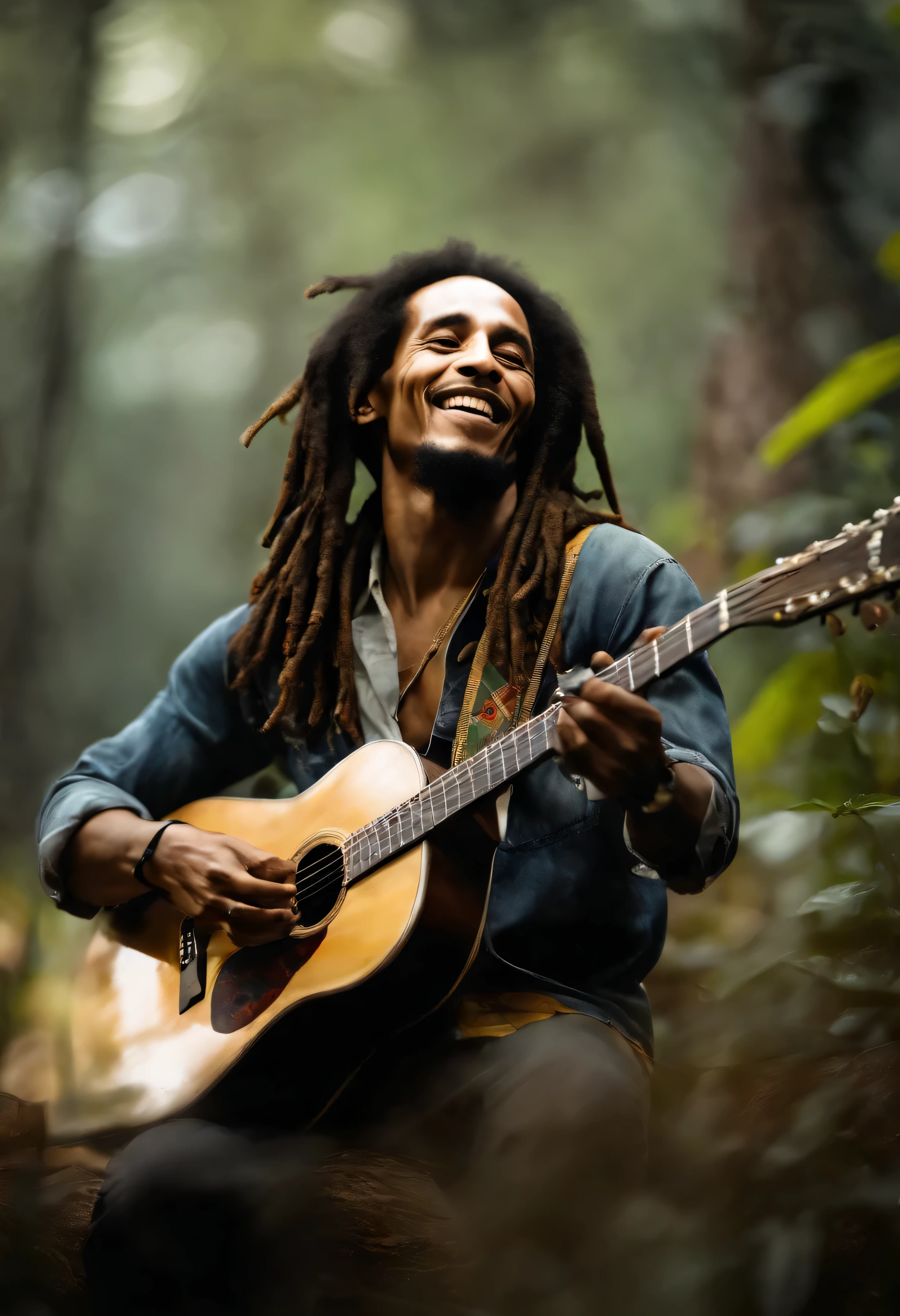 an image of Bob Marley playing the guitar , Nenhum estilo de Russ Mills, Michael Garmash, charming sketches, mono-ha, Contemporary Asian art, Lilia Alvarado, Pincelada concisa --AR 69:128 --s 750 --V 5. 2, pinceladas nas cores do reggae