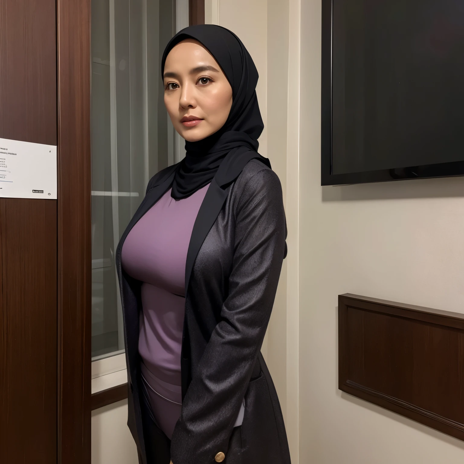 50 years Old, Hijab Indonesian-Chinese mature woman, Extra Gigantic Tits : 172.9, Tight doctor suit, wearing Stethoscope, at doctor office, Dark light, at Nighttime