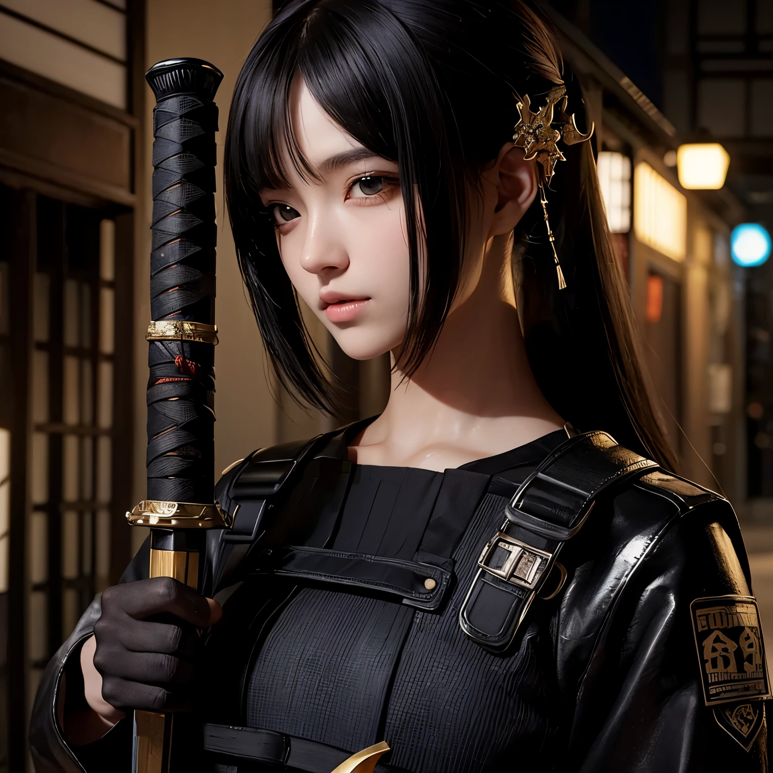 A beautiful woman holding a Japanese sword. He has black hair with bangs down. eighteen. She wears a black metallic combat uniform. The location is a city at night.