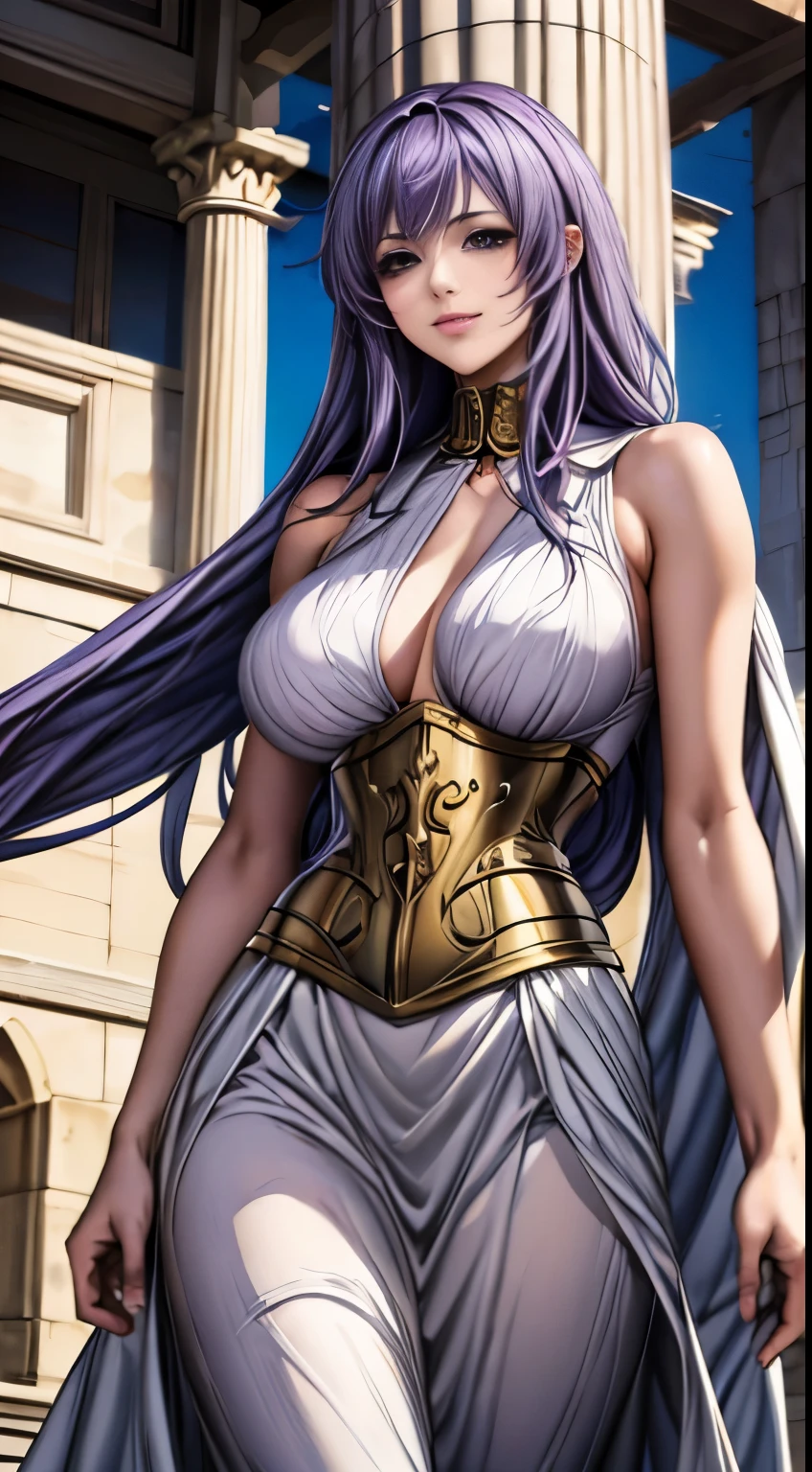 Sasha, Purple colored hair, long whitr hair, red eyes, White dress, Collar, long skirt ,Sleeveless, Bare shoulders, Chopping, 鎖骨, golden accessories, Big breasts corset, 1 girl, Alone, From behind, looking at viewert, full bodyesbian:1.4,Supreme beauty, ssmile,leg shot,From below