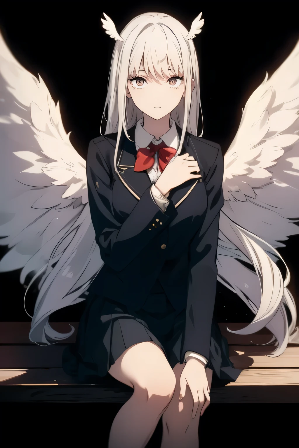 ((beautiful face)), ((masterpiece)), Fuyuko, One Girl, Solo, 4K, School Uniform, Skirt, Black Background, Jacket, Background, Blazer, Upper Eyes, (Angel Wings), Sitting on Bench, wide shot, white hair, silver hair