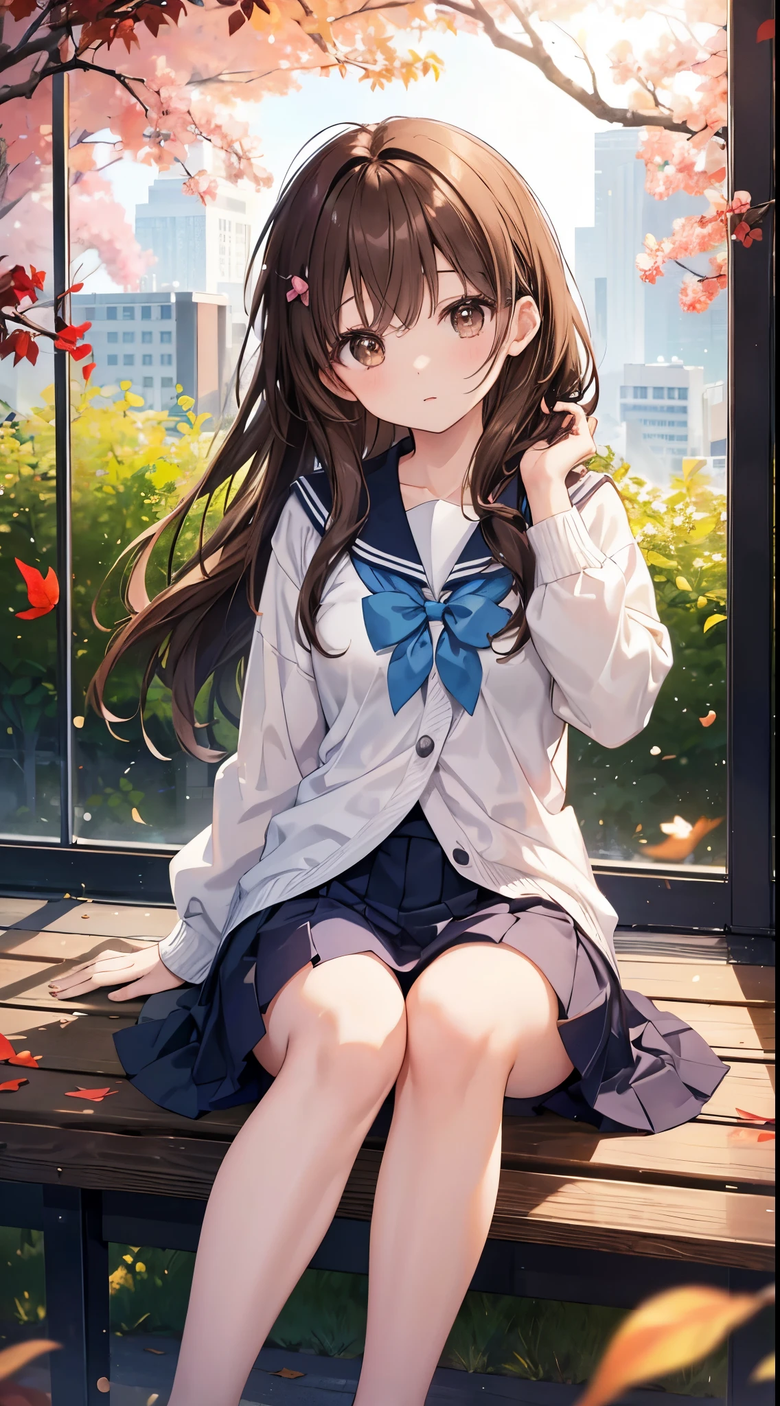 Hi-Res、​masterpiece、Chizuru Ichinose、Brown hair、Soio、Female one、hi-school girl、Schools、Colored leaves、sitting on、细致背景、A detailed eye、（（Brown-eyed））,Beautiful and perfect legs, Clean and perfect hands