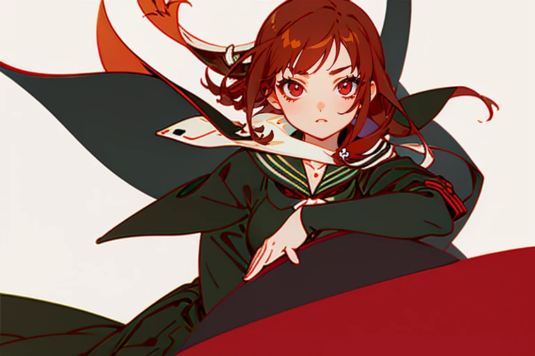 1girl in,Detailed details,Brown hair,Red eyes,((((Black sailor suit)))),White tie,long head of hair,scarf,radiant eyes,Long skirt,Fluttering hair,White background,monotone,stylish