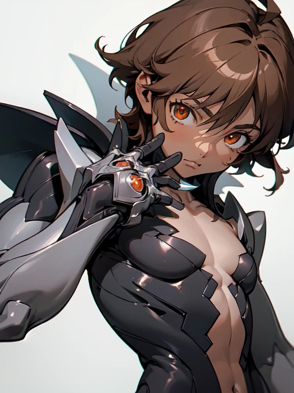 Masterpiece, high resolution, highres, 8k, best quality, witchblade, (1 male), child, cute, innocent dark skin otokono, orange eye's, medium dark brown hair in a side-swept style smooth , wearing a (grey witchblade gauntlet), {petite body},flat chest, {{{flat chested}}},{grey bodysuit}, {full bodysuit grey witchblade adaptable armour suit}, (close up), (grey armour),