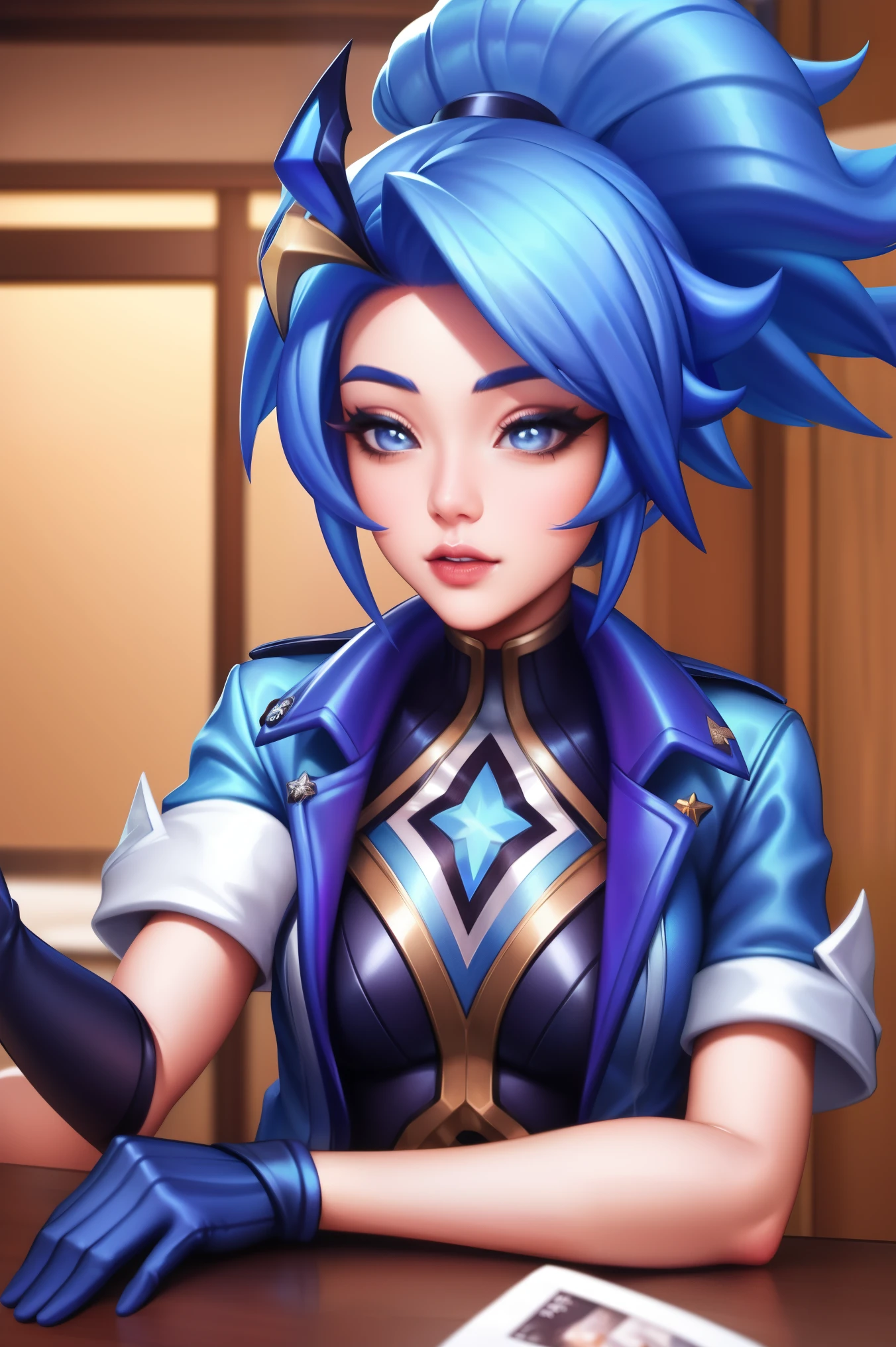 (tmasterpiece, Best quality at best:1.2), Complicated details, Akali DRX, 1 girl, Alone, eBlue eyes, hair adornments, Blue hair, jaket, pony tails, star hair adornments, short- sleeved, Black gloves,