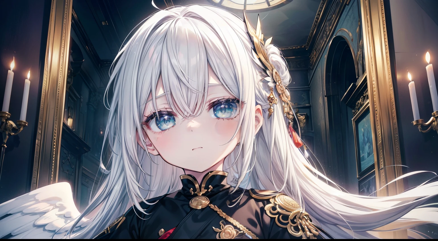 (masutepiece, Best Quality), Intricate details, 8K, Sharp focus quality) (Detailed skin:1.3) (Intricate details) (8K) (Detailed eyes) (Anime) 、Man's character, Soft hair, Long hair, (White hair), Light green eyes,(((Male child))、 Man's, Anime Man's, frontage, 素敵なMan's子, Perfect face, Detailed eyes, Bold background, Detailed accessories, Unique costumes, Sharp eyes, Man's, A young man, Idol, bright colour, pale skin, (angelicales)、(angelicalesの光輪)、((2枚のangelicalesの羽)) Defined features, Model, Symbolism, Comfortable clothing, Dark room, Cluttered room, Indoors, Detailed background, Bold colors, bold outline, Sharp face, Nighttime, Night, Pose, Handsome, sleepy, Tired, drooing eyes