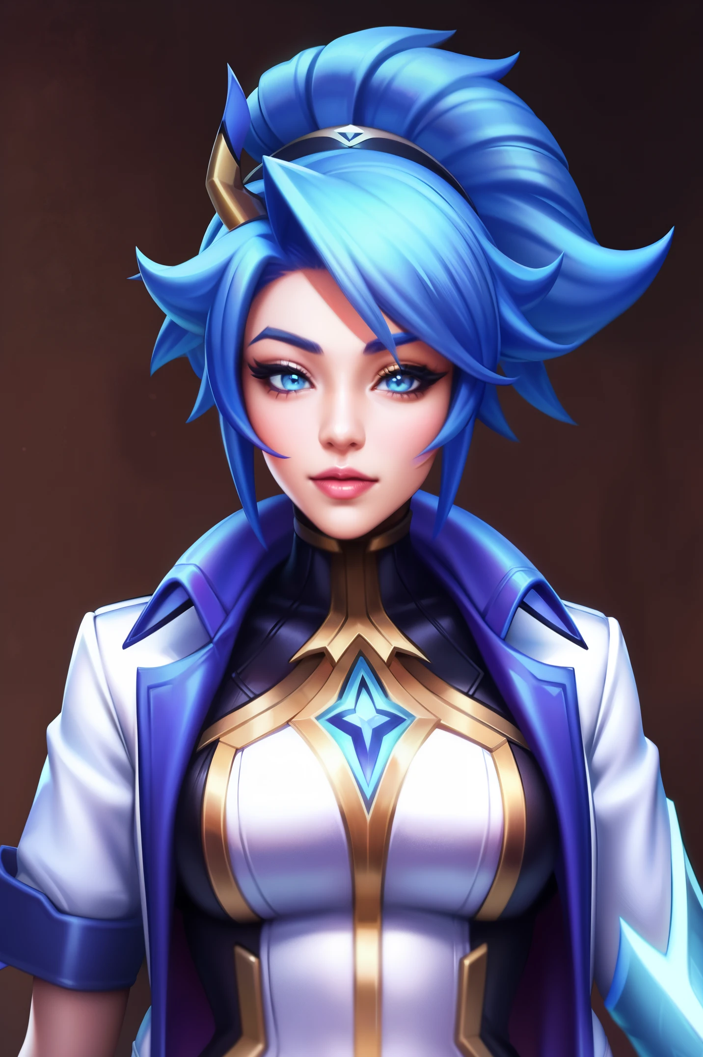 (tmasterpiece, Best quality at best:1.2), Complicated details, Akali DRX, 1 girl, Alone, eBlue eyes, hair adornments, Blue hair, jaket, pony tails, star hair adornments, short- sleeved, Black gloves,