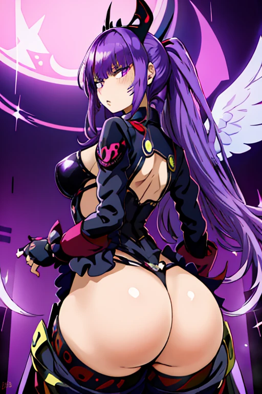 Anime purple hair seraphim female, she is dressed with Joker's clothes from Persona 5. She has long hair, she looks majestic, huge ass, masterpiece, HD, Highres, Dirty socks. Pretty breasts.