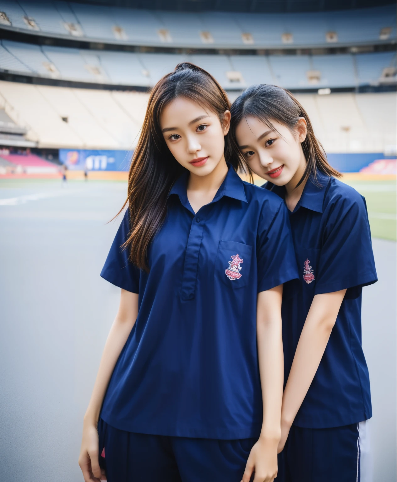 (bestquality,10,10,highres,masterpiece:1.2),ultra-detail,(Realistic,ภาพRealistic,photo-realistic:1.37),1 Cute girl in the football field,oily shiny skin,bara,light smile,BDclothelue shirt:1.3)),short sleeves,shirt, trousers.,(navy_long_ติดตามtrousers:1.1), ((Stadium Background:1.3)),dynamic angle,excited,face focus,Dynamic Poses,from behide,Ass Focus,masterpiece, bestquality, ultra realistic, hyper-detail, 8k resolution, RAW photo, crisp focus, ((Navy blue shirt:1.1)), short sleeves, เส้นทางlong, Complete bodyแบบ, 2 mature women, 18yo, cinematic light,trousersวอร์มสีน้ําเงิน,Gymware,Correct anatomy,Complete body, Correct body, sharp face, Correct bodyทางกายวิภาค, full entire body, Realistic gestures, long-haired, Realistic poses,Wear long shorts..............................,ช่วงขาlong,Shapely,Sculpting Girl, Slender Figure, mannequin mannequins, Shapely, Beautiful body,trousersวอร์มสีน้ําเงิน, Two girls kissing