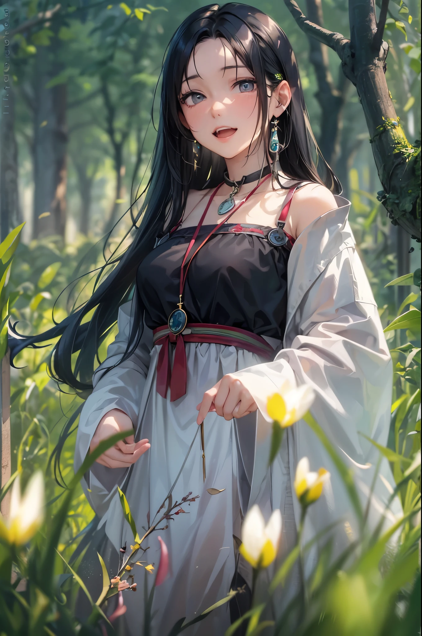 solo, woman, outdoor outfit, black hair, long hair, shiny hair, jewelry, light smile, outdoor field, detailed beautiful face and eyes, Conceptual art, cinematic lighting, jpeg artifacts, Eye-Level Shot, drop shadow, depth of field, hyperrealism, Ghibli-like colours, atmospheric perspective, tachi-e, masterpiece, retina, ccurate, best quality, highres, 4K, super detail