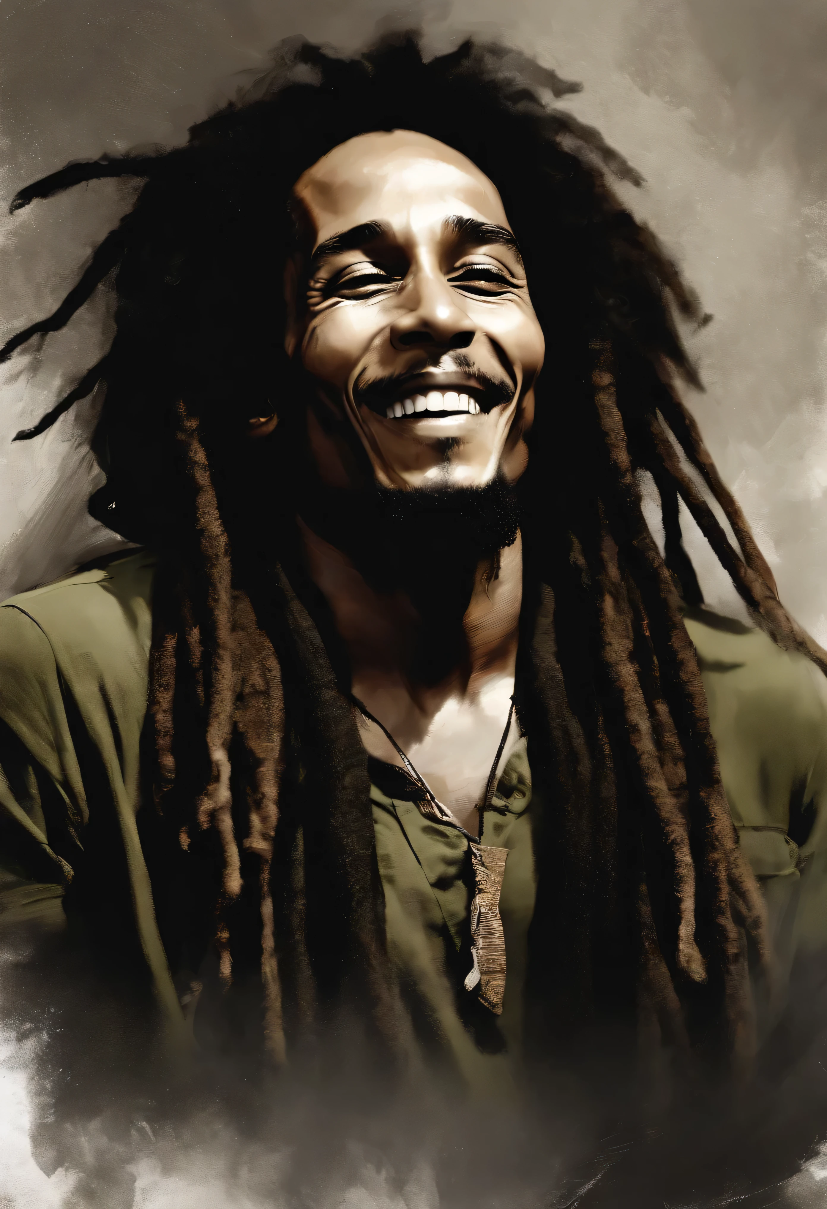 an image of Bob Marley sorrindo , Nenhum estilo de Russ Mills, Michael Garmash, charming sketches, mono-ha, Contemporary Asian art, Lilia Alvarado, Pincelada concisa --AR 69:128 --s 750 --V 5. 2, pinceladas nas cores do reggae