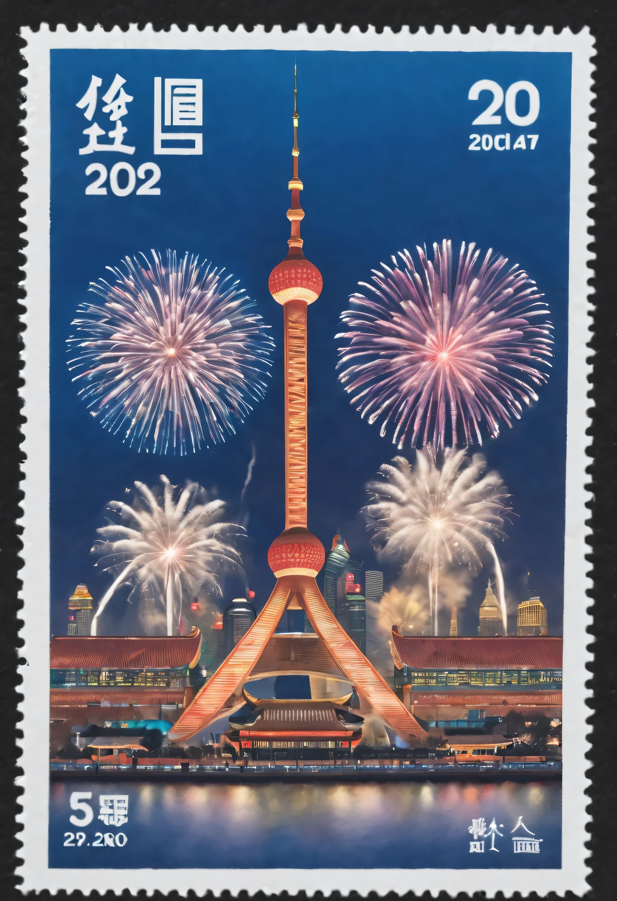 The front of the stamp shows the 2024 Shanghai Grand New Year Fireworks Display。