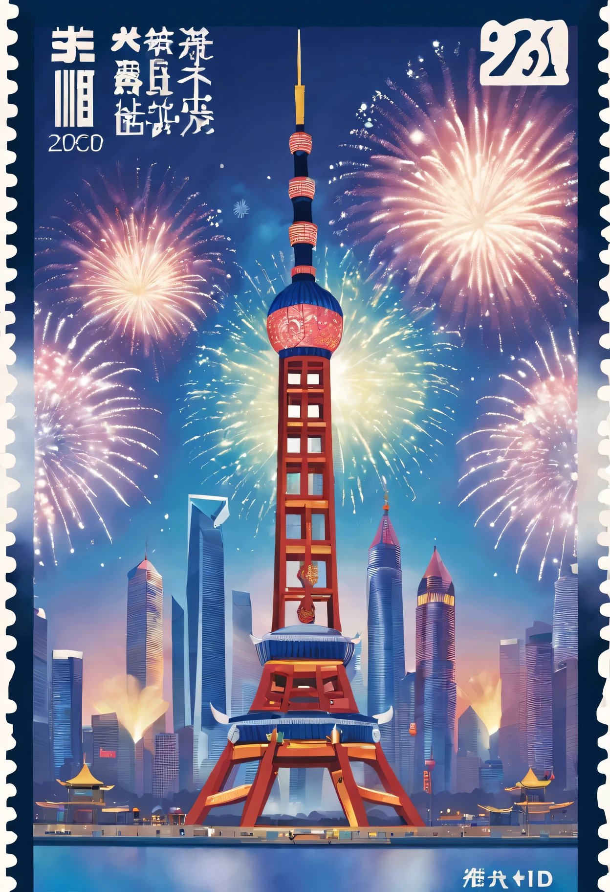 The front of the stamp shows the 2024 Shanghai Grand New Year Fireworks Display。