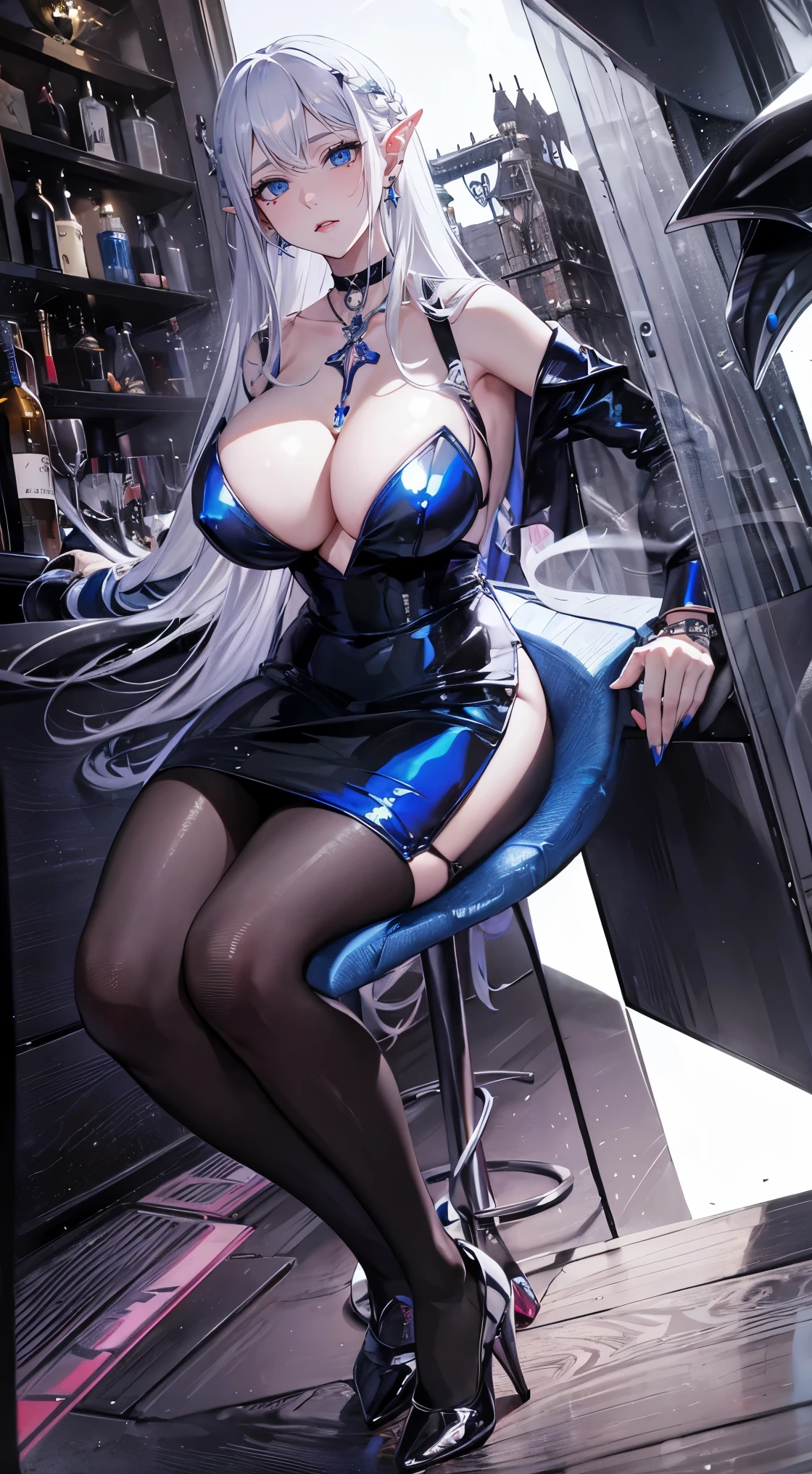 Body is extremely normal,close up,The world of dreams,Elf mature beauty, sliver long hair,tear-mole,精灵长耳ear studs,(ear studs),choker necklace,a pair of bracelets,Black strappy hip skirt,humanoid creature, paris bar background, Her skin is very white, White complexion,blue colored eyes,Long layers of silver hair, two longer legs,high-heels,Black stocking legs,nail art,tattoo is,Raise the goblet in your hand