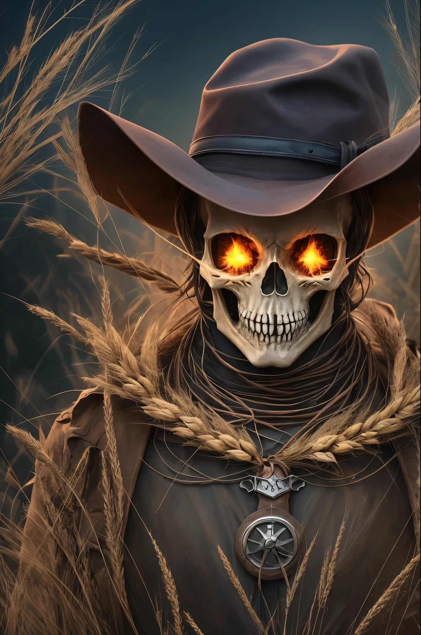 Spooky male scarecrow, made of straw, wearing an old spooky top farm hat. Arms raised tools farm, death,, skull face, scary, dark ambience, wheat fields, action pose, dark blue eyes, blue fire --auto --s2