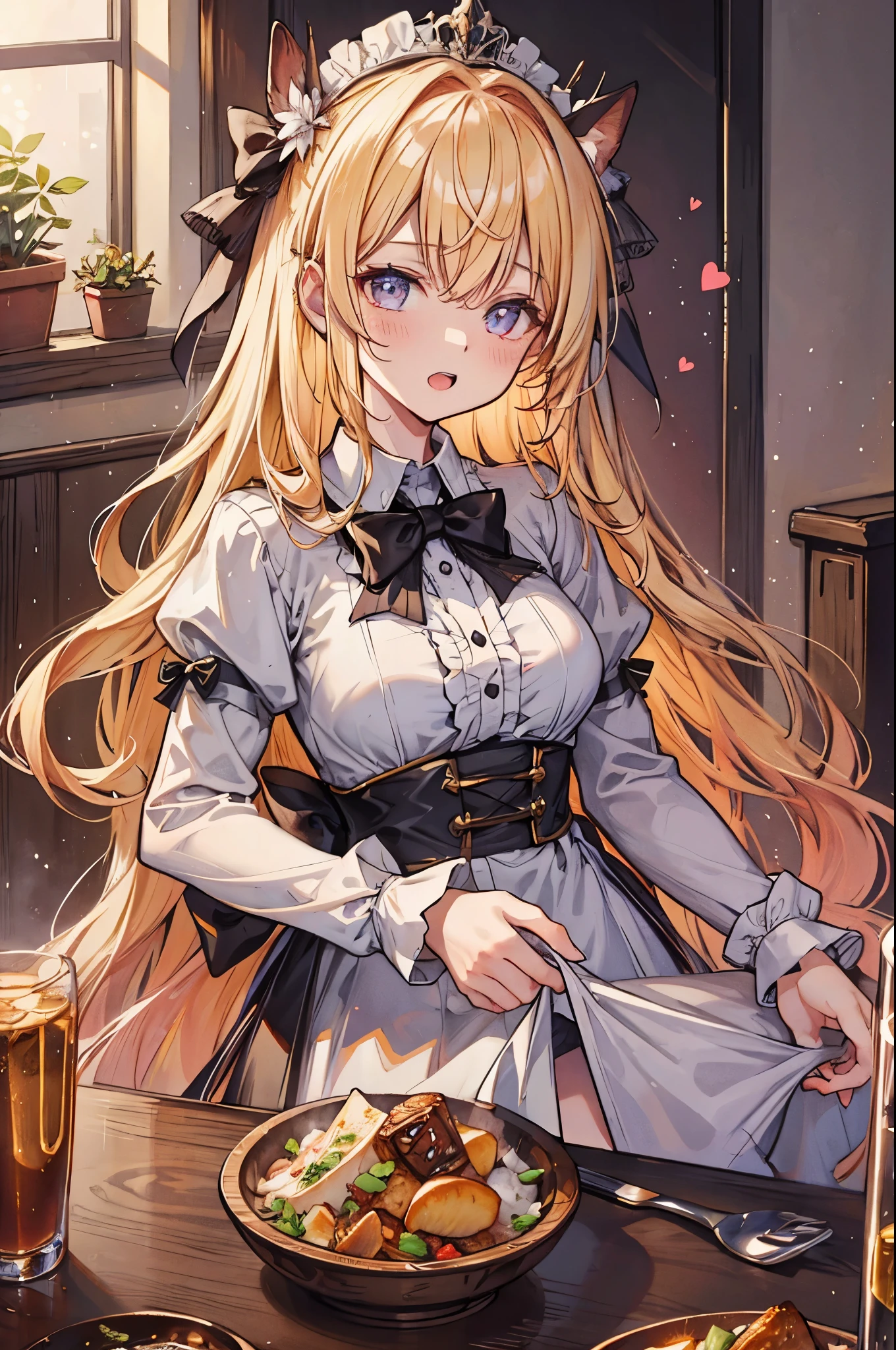 A beautyful girl, In a room with lots of delicious food, He is wearing princess clothes, enjoying delicious food。, blonde hair, hair between eyes, hair bow, heart-shaped pupils, open mouth, high detail, rococo style, god rays, first-person view, UHD, textured skin