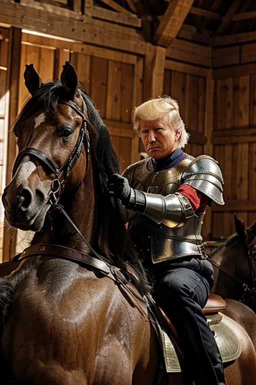Donald Trump on horse with medieval armor and spear