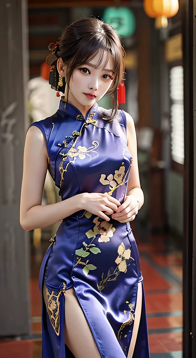 One Chinese Woman、Chinese Garden、(She is wearing a super shiny satin long cheongsam.:1.8)、(Provocative facial expressions), (Sleeveless Chinese long dress that fits the body:1.8)、 Anatomically correct proportions, 8K, RAW shot, Best High Quality, ​masterpiece, realphoto, (portlate:1.5), 18-year-old Chinese beauty, beautiful hairl、(Beautiful woman with slender figure:1.5)、(medium udder:1.5)、(She wears a super shiny cheongsam with traditional colors and patterns.:1.5)、(Nipple shadow:1.5)