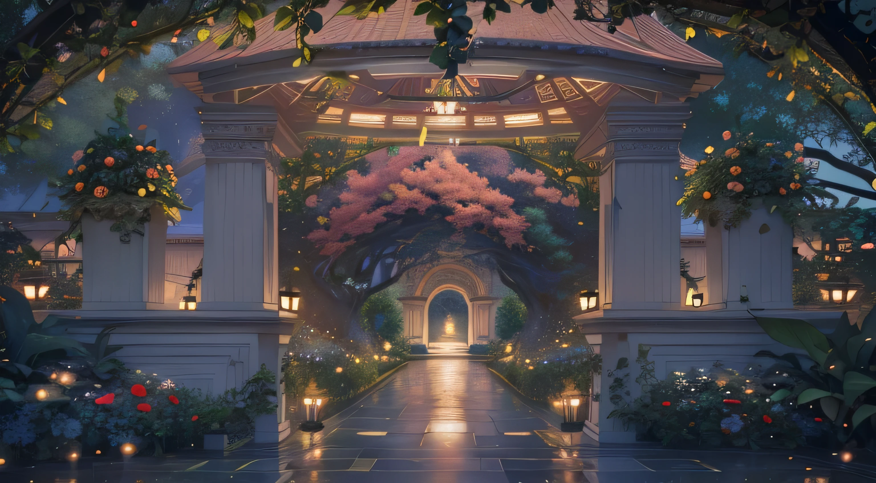 (Illustration:1.3), (secret garden), lush, floral, rose, (botanical), romanticism, moody, space, stars, nebula, beautiful clouds, moon, trellis, lattice, garden, gazebo, (realistic:1.5), (good shading), good architecture, volumetric lighting, cinematic, good architecture, (highest quality, award winning, masterpiece:1.5),