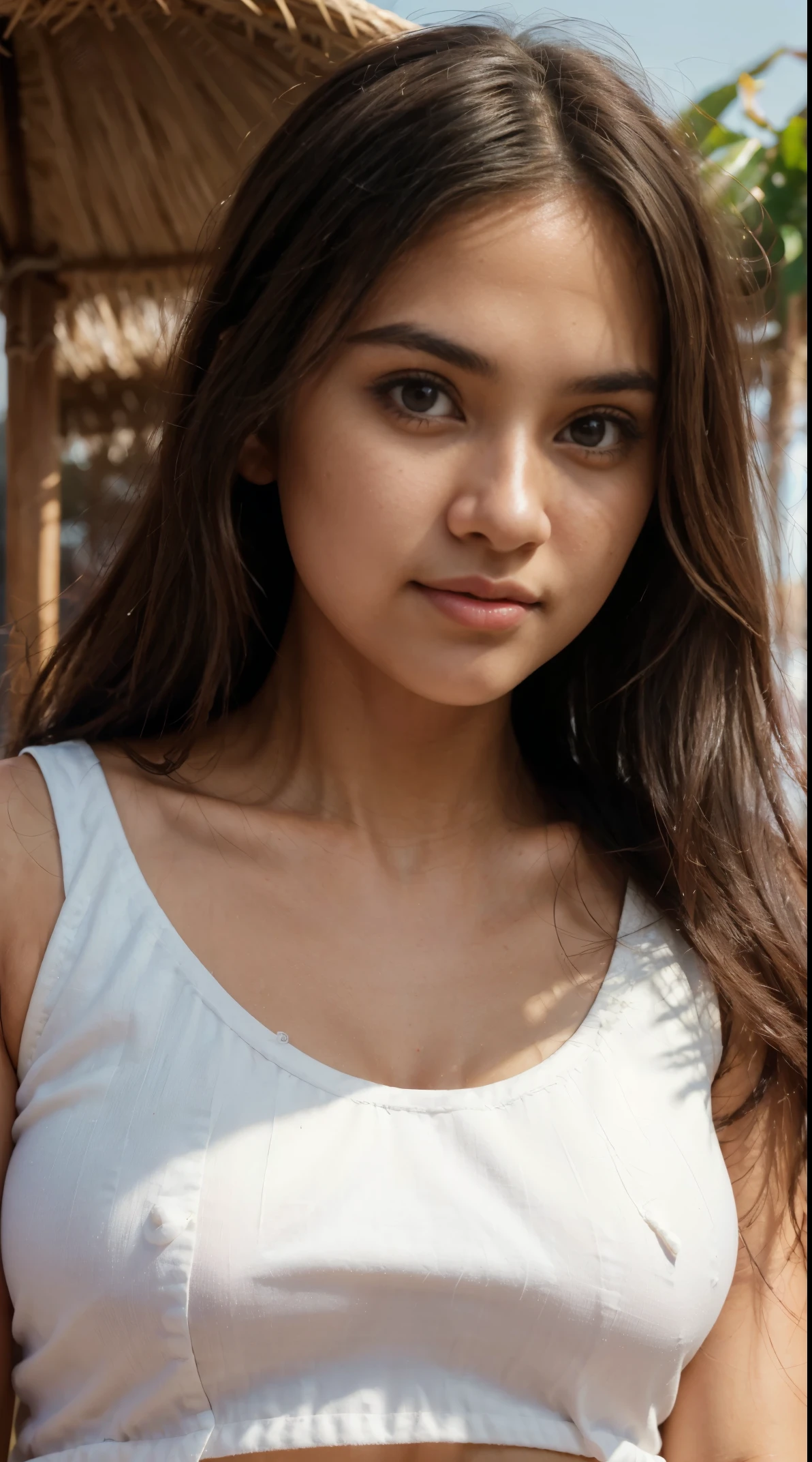 Beautiful girl ((Masterpiece:1.3)), cute girl, 21 years old((Hyper-detailing:1.2)), cute face, indian face, oval shaped face, detailed face((Hyper-detailing):1.2), wearing white colored sleeveless t-shirt, beach background, Hyper-realistic, Hyper-detailing, big round eyes, cute eyes, detailed brown colored eyes, symmetrical eyes, cute smile, detailed lips, clear skin, fair skin, natural skin tone((Hyper-detailing:1.2)), cute chubby cheeks, attractive face, best figure, long straight hair, detailed hair((Hyper-detailing:1.2)), small fore-head, detailed sunlight, Cinematic Lighting, good shadow detailing((Hyper-detailing1.2)), ((Masterpiece:1.3)), 8k