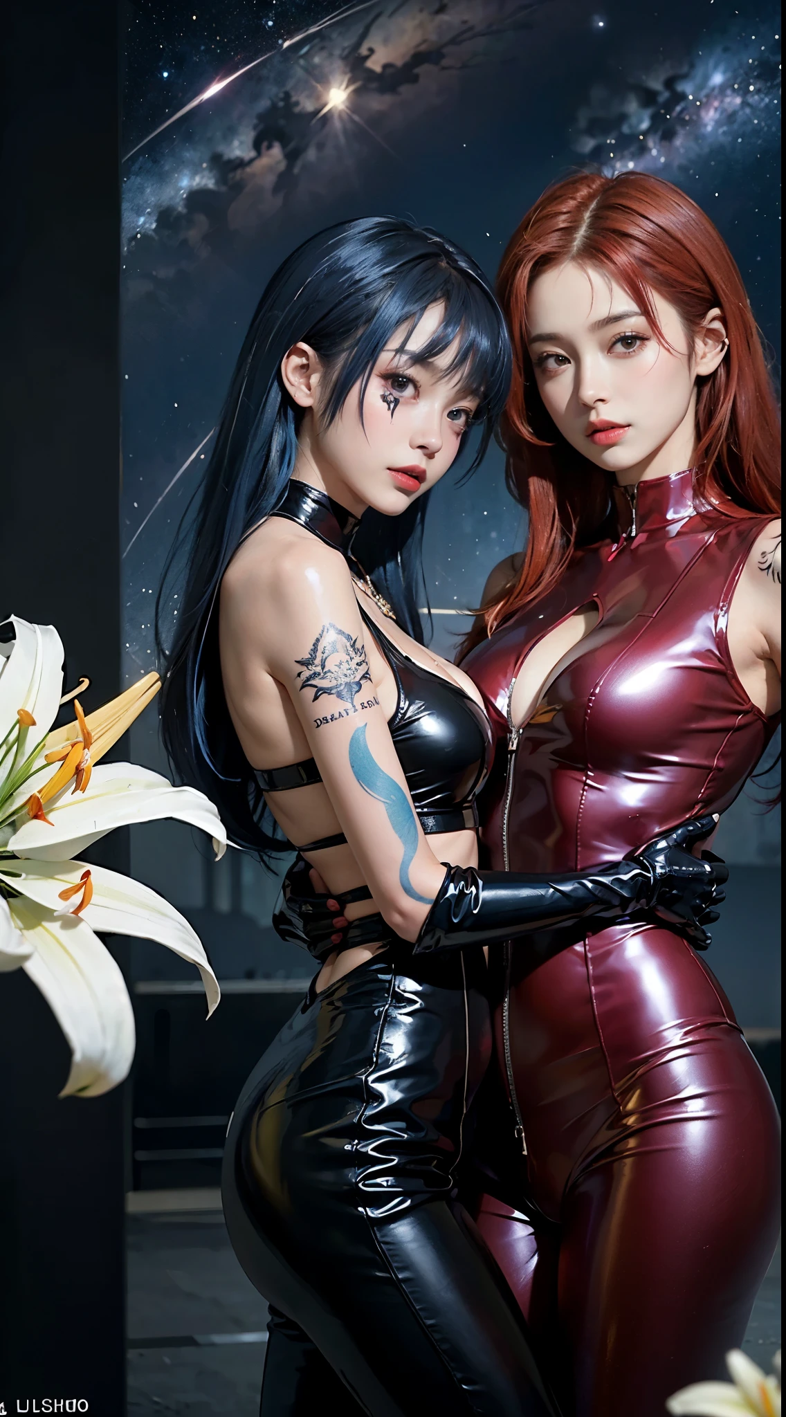 ((masterpiece:1.4)、(top-quality:1.4)、(reallistic:1.7))、masuter piece:1.4、Beautiful Girl Dirty Pair、(Beautiful Girl Space Investigator Dirty Pair:1.4)、Kei and Yuri space investigator duo、two investigators, Kei and Yuri stand side by side...、(By Luis Royo:1.4)、(hold a gun:1.2)、Body Fit Sexy Investigator Duo Uniform、(Glossy luxury latex:1.4)、(White Sleeveless Uniform Jacket)、(Underwear Red Sexy Super Ultra Bikini)、(Luxury Red Latex:1.4)、age19、(Cute tattoos:1.4)、(Wearing white gloves)、(Two cute girls:1.4)、Super beauty、foco nítido、Portrait photos、(Perfect female body:1.4)、perfectly proportions、Sexy couple、Upper body photography:1.4、美丽的面容、(Beautiful skins:1.4)、beautidful eyes、Narrow waist、beauty legs、(Kei has red hair:1.4)、(Lilies have blue hair:1.4)、(length hair:1.2)、Beautiful udder、large full breasts:1.2、Sexy ass、Raw photo、red-lips、Red high heels:1.4、a choker:1.4、a necklace:1.4、耳环:1.4、1 screen display、cyberpunkcity:1.2