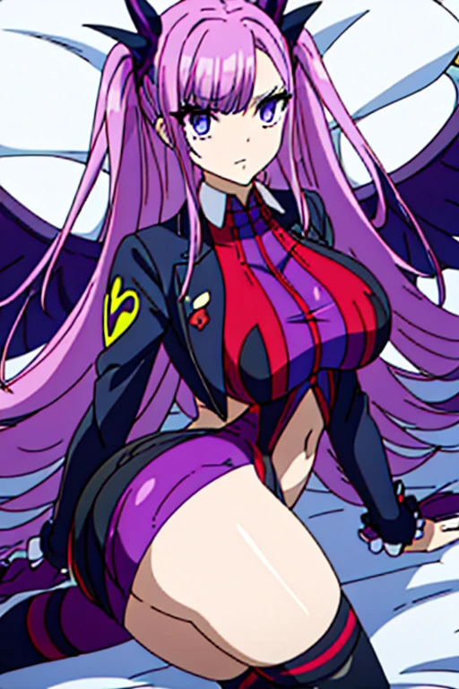 Anime purple hair seraphim female, she is dressed with Joker's clothes from Persona 5. She has long hair, she looks majestic, huge ass, masterpiece, HD, Highres, Dirty socks. Pretty breasts.
