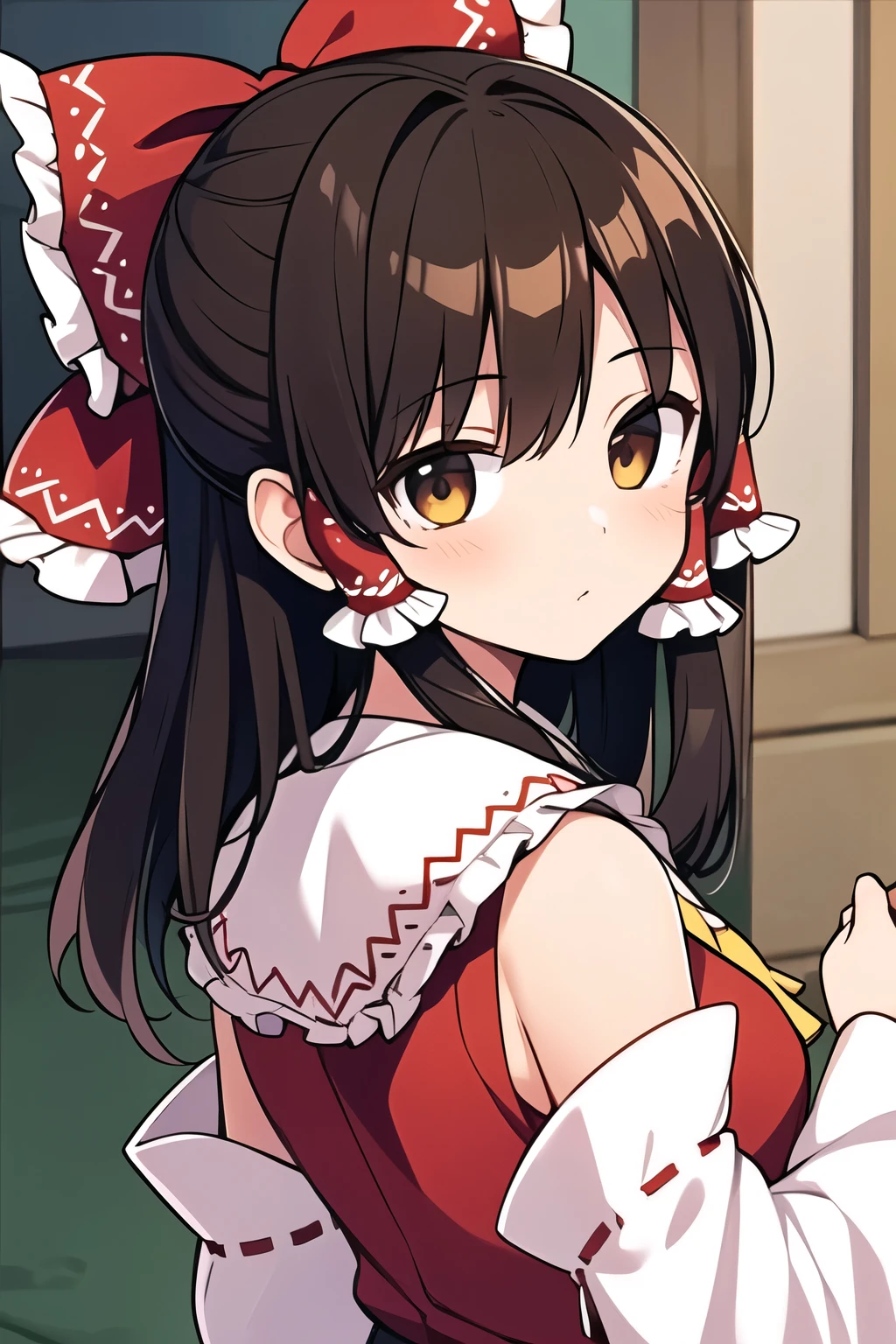 detailed background, masterpiece, best quality, 1girl, hakurei reimu, brown hair, hair tubes, hair ribbon, brown eyes, touhou project