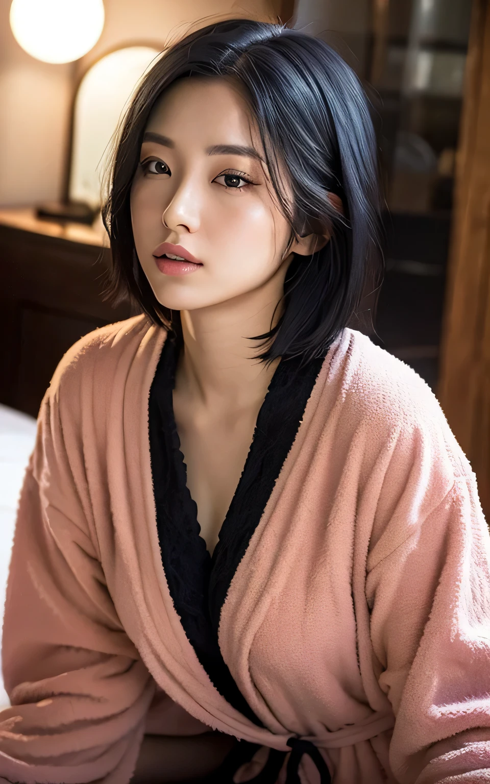 Highly detailed CG Unity 8k wallpaper, top quality, super detailed, masterpiece, realistic, photorealistic, highly detailed cute girl, 25 years old, ((black hair: 1.4)), ((dyed black)), (gal), round eyes, viewer, blush, parted lips, semi-body shot, (bathrobe) , bed , all fours ,short hair, ria_sunda