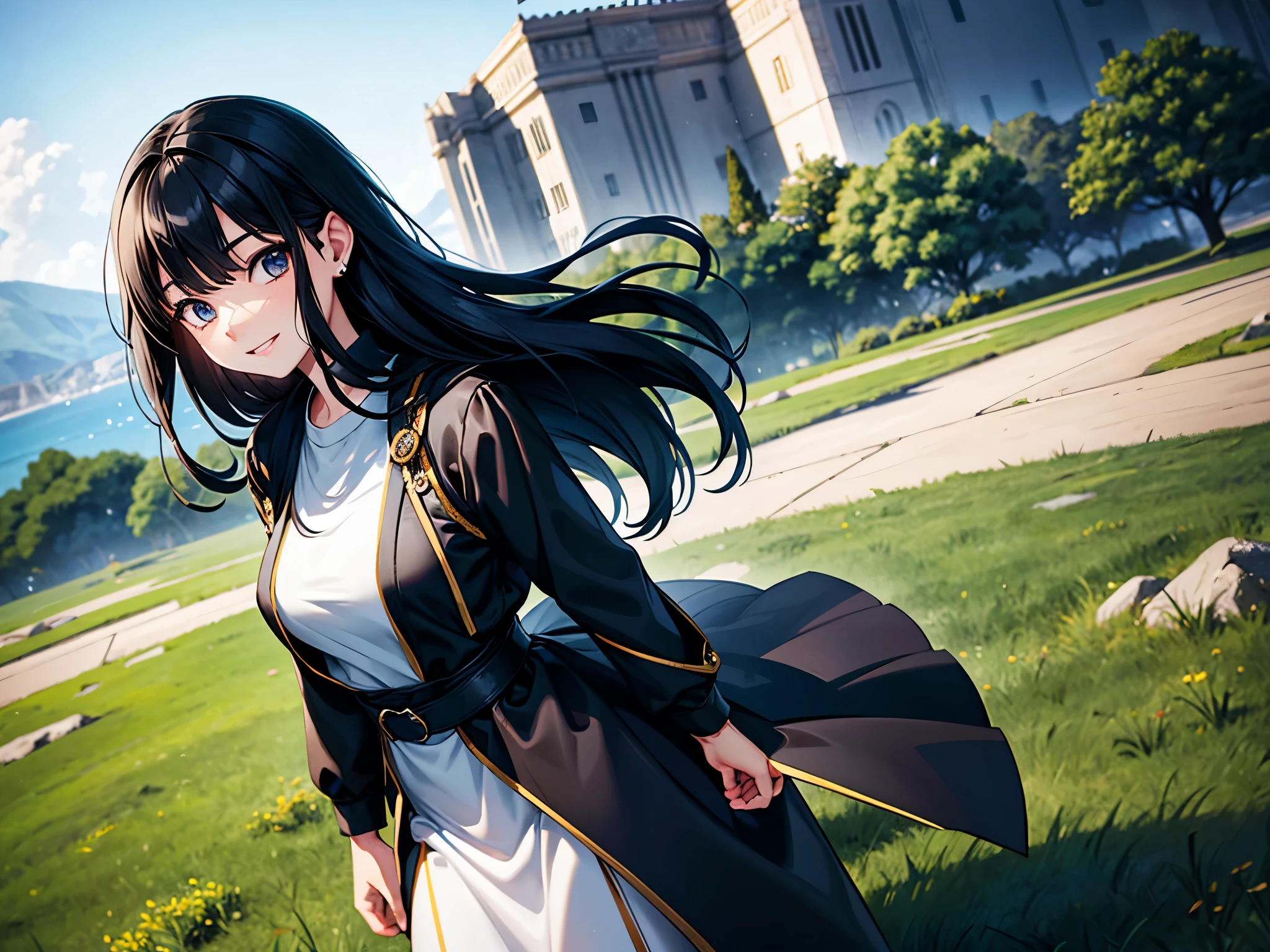 solo, woman, outdoor outfit, black hair, long hair, shiny hair, jewelry, light smile, outdoor field, detailed beautiful face and eyes, Conceptual art, cinematic lighting, jpeg artifacts, Eye-Level Shot, drop shadow, depth of field, hyperrealism, Ghibli-like colours, atmospheric perspective, tachi-e, masterpiece, retina, ccurate, best quality, highres, 4K, super detail
