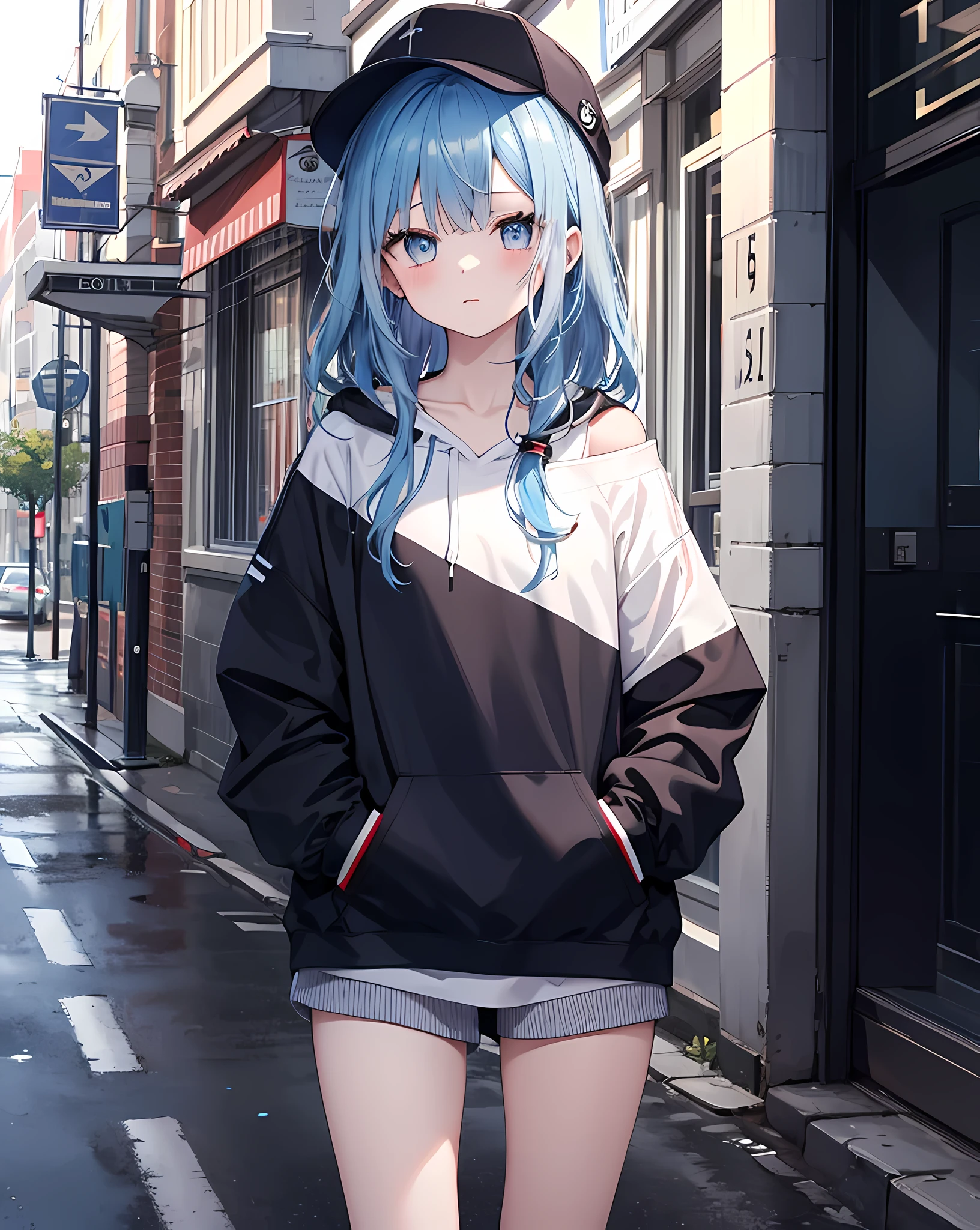 masterpiece,1girl,solo,long hair,blue hair,hoodie,off shoulder:1.2, mob cap, street,hand on hip, hand in pocket,