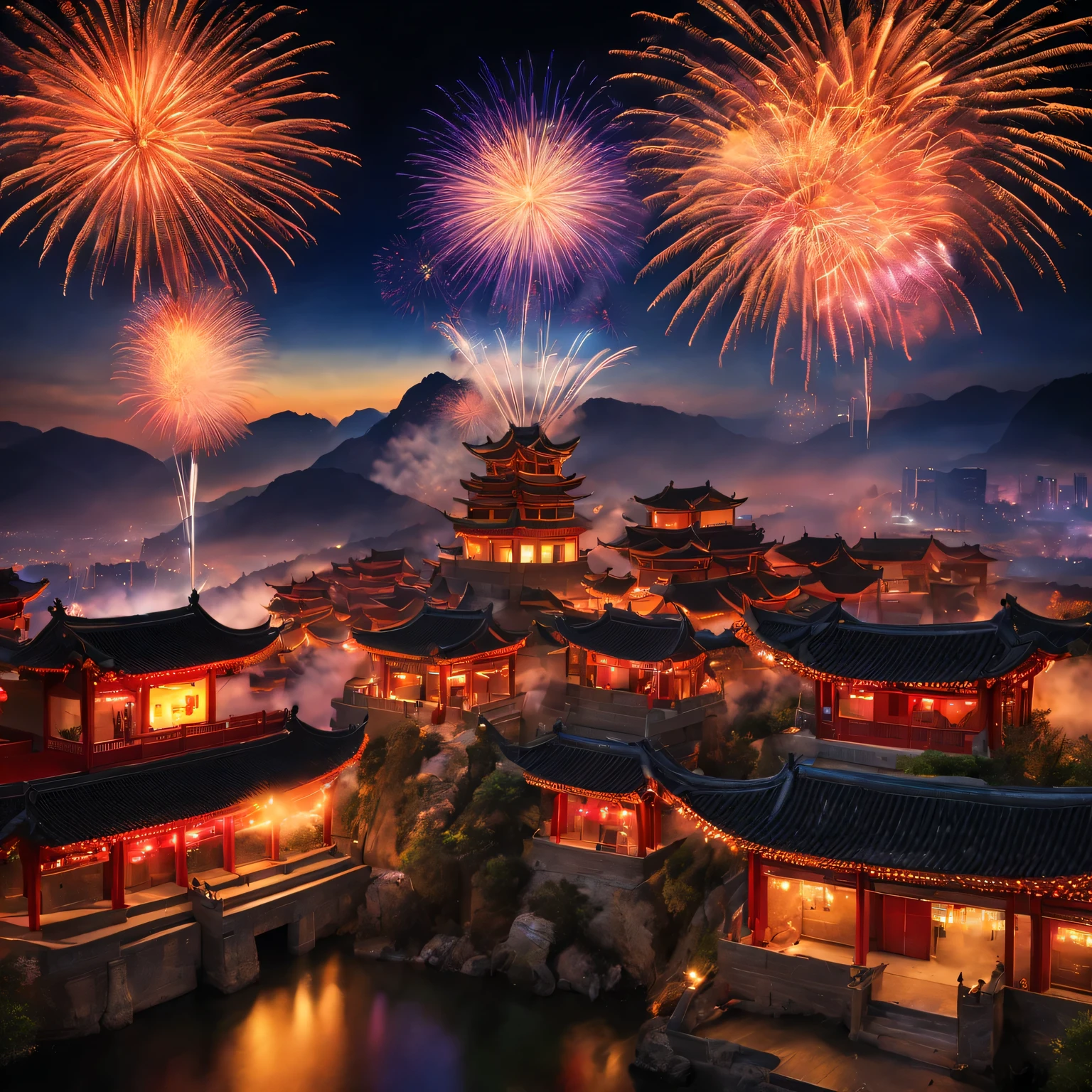 (A high resolution,Best quality at best,tmasterpiece:1.2) a traditional chinese village, Grand New Year Fireworks Show, Colorful fireworks show, dynamic and energetic, Capture the vibrant atmosphere of the venue , Perfectly capture the intricate details of every exploding firework, professional photoshooting, vivd colour, Focus sharp, A true portrait of stunning fireworks, illuminate the night sky, Show the beauty of celebration, magnificent artistic depiction , Capturing the essence of the holiday spirit, Carefully created works, Use studio lighting to highlight fireworks, Clever use of bokeh creates a dreamy and captivating atmosphere, Amazing fireworks display, Bring the excitement and joy of New Year celebrations to life.