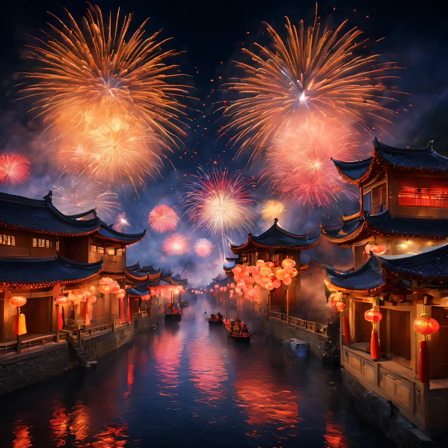 (A high resolution,Best quality at best,tmasterpiece:1.2) a traditional chinese village, Grand New Year Fireworks Show, Colorful fireworks show, dynamic and energetic, Capture the vibrant atmosphere of the venue , Perfectly capture the intricate details of every exploding firework, professional photoshooting, vivd colour, Focus sharp, A true portrait of stunning fireworks, illuminate the night sky, Show the beauty of celebration, magnificent artistic depiction , Capturing the essence of the holiday spirit, Carefully created works, Use studio lighting to highlight fireworks, Clever use of bokeh creates a dreamy and captivating atmosphere, Amazing fireworks display, Bring the excitement and joy of New Year celebrations to life.