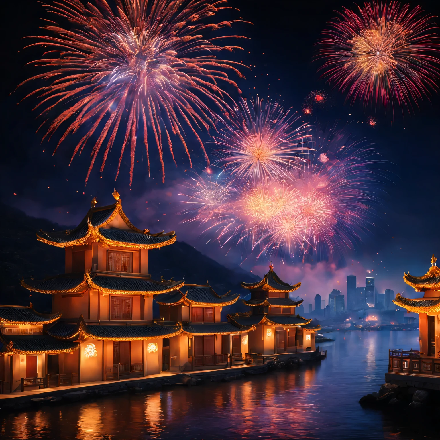 (A high resolution,Best quality at best,tmasterpiece:1.2) a traditional chinese village, Grand New Year Fireworks Show, Colorful fireworks show, dynamic and energetic, Capture the vibrant atmosphere of the venue , Perfectly capture the intricate details of every exploding firework, professional photoshooting, vivd colour, Focus sharp, A true portrait of stunning fireworks, illuminate the night sky, Show the beauty of celebration, magnificent artistic depiction , Capturing the essence of the holiday spirit, Carefully created works, Use studio lighting to highlight fireworks, Clever use of bokeh creates a dreamy and captivating atmosphere, Amazing fireworks display, Bring the excitement and joy of New Year celebrations to life.