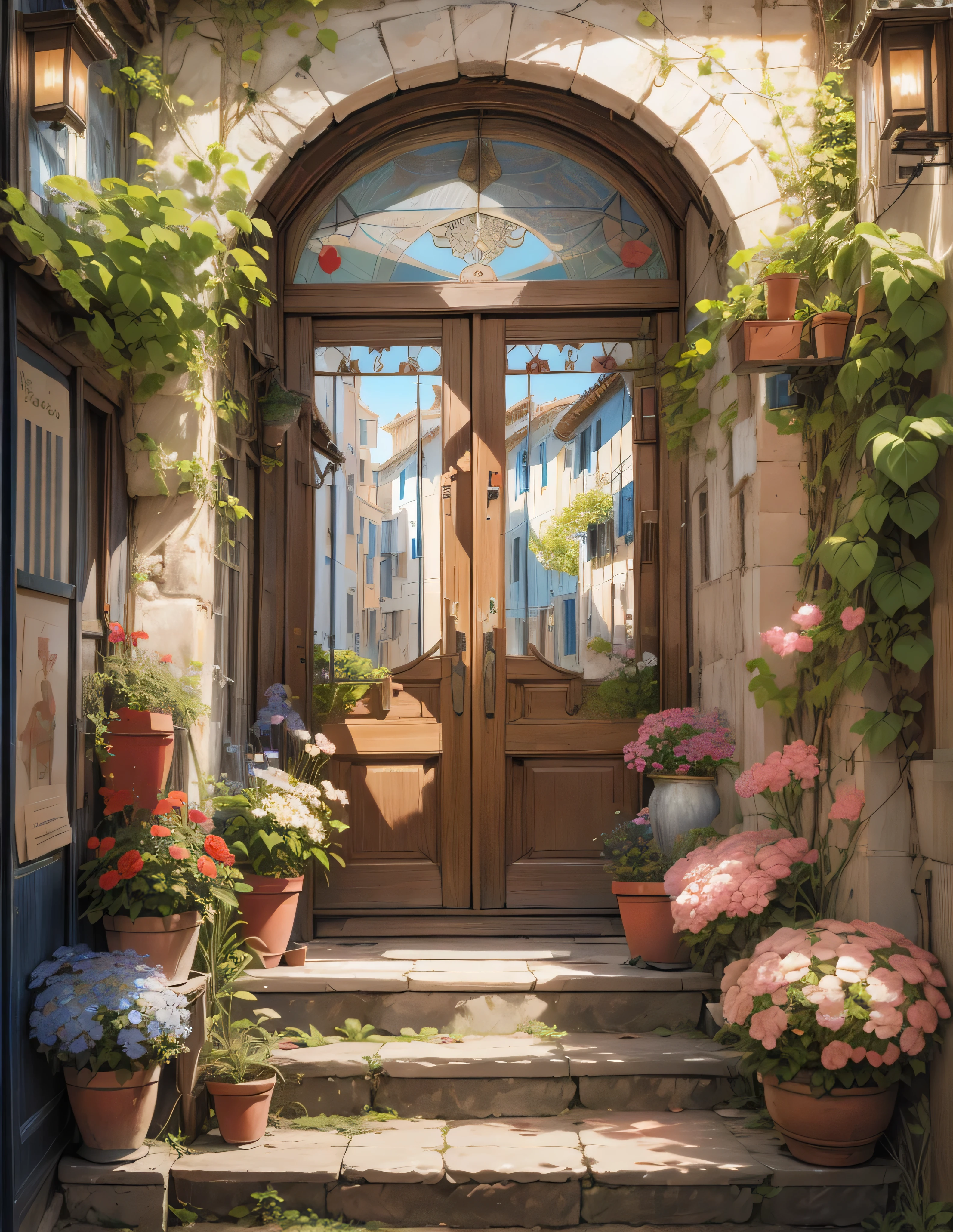 Beautiful cover art decorated with many roses,iron glass door, Wall Lamp,small stairs to the entrance, hanging door lamp, tanned image,Flowers, beautiful art uhd 4 k, a beautiful artwork illustration, beautiful digital painting, Highly detailed digital painting, beautiful digital works of art, a bustling magical town, mediterranean fishing village, Mediterranean cities, detailed painting 4 k, ancient mediterranean village, highly-detailed digital painting, rich picturesque colors, Gorgeous Digital Painting