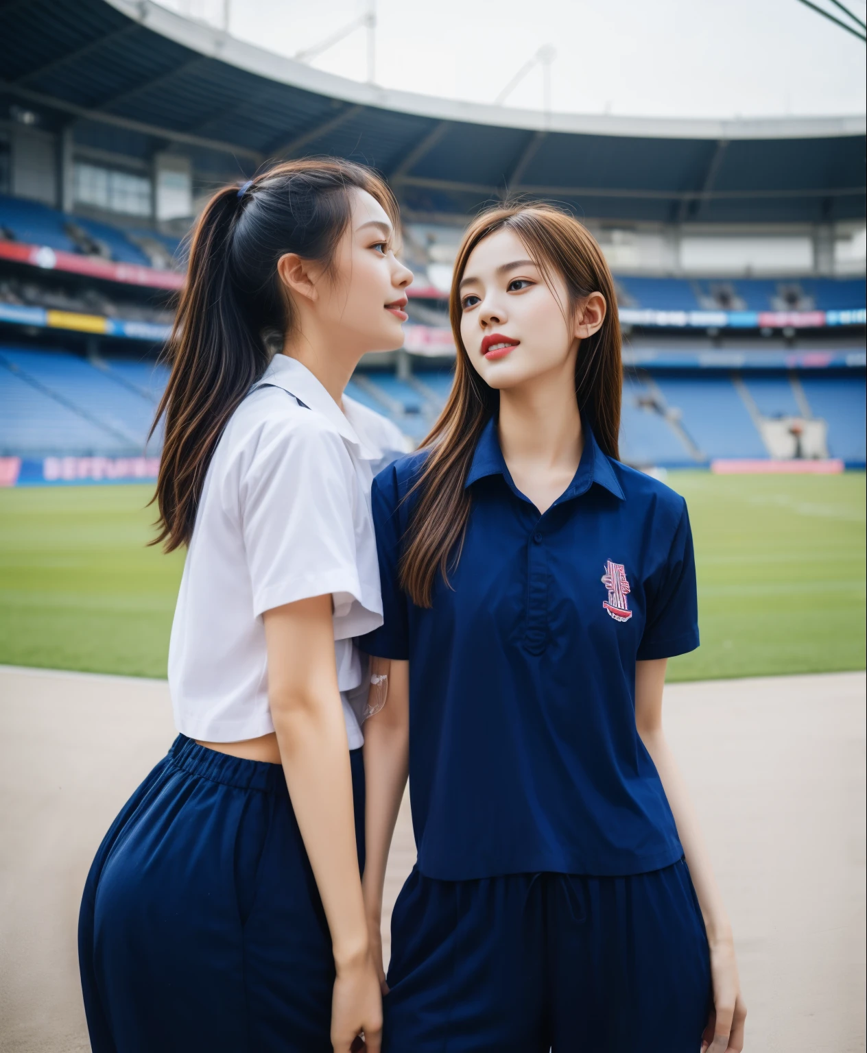 (bestquality,10,10,highres,masterpiece:1.2),ultra-detail,(Realistic,ภาพRealistic,photo-realistic:1.37),1 Cute girl in the football field,oily shiny skin,bara,light smile,BDclothelue shirt:1.3)),short sleeves,shirt, trousers.,(navy_long_ติดตามtrousers:1.1), ((Stadium Background:1.3)),dynamic angle,excited,face focus,Dynamic Poses,from behide,Ass Focus,masterpiece, bestquality, ultra realistic, hyper-detail, 8k resolution, RAW photo, crisp focus, ((Navy blue shirt:1.1)), short sleeves, เส้นทางlong, Complete bodyแบบ, 2 mature women, 18yo, cinematic light,trousersวอร์มสีน้ําเงิน,Gymware,Correct anatomy,Complete body, Correct body, sharp face, Correct bodyทางกายวิภาค, full entire body, Realistic gestures, long-haired, Realistic poses,Wear long shorts..............................,ช่วงขาlong,Shapely,Sculpting Girl, Slender Figure, mannequin mannequins, Shapely, Beautiful body,trousersวอร์มสีน้ําเงิน, Two girls kissing