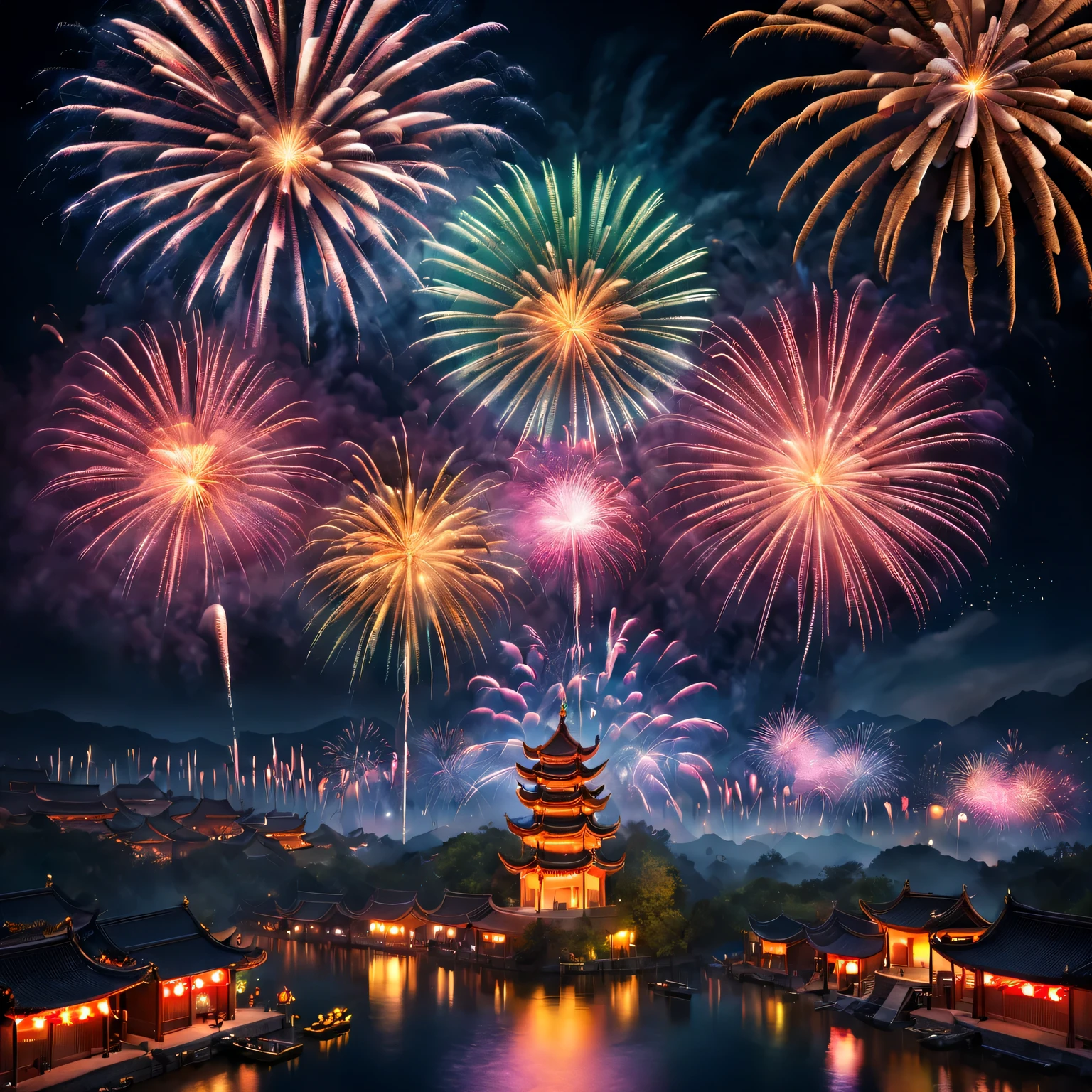 (A high resolution,Best quality at best,tmasterpiece:1.2) a traditional chinese village, Grand New Year Fireworks Show, Colorful fireworks show, dynamic and energetic, Capture the vibrant atmosphere of the venue , Perfectly capture the intricate details of every exploding firework, professional photoshooting, vivd colour, Focus sharp, A true portrait of stunning fireworks, illuminate the night sky, Show the beauty of celebration, magnificent artistic depiction , Capturing the essence of the holiday spirit, Carefully created works, Use studio lighting to highlight fireworks, Clever use of bokeh creates a dreamy and captivating atmosphere, Amazing fireworks display, Bring the excitement and joy of New Year celebrations to life.
