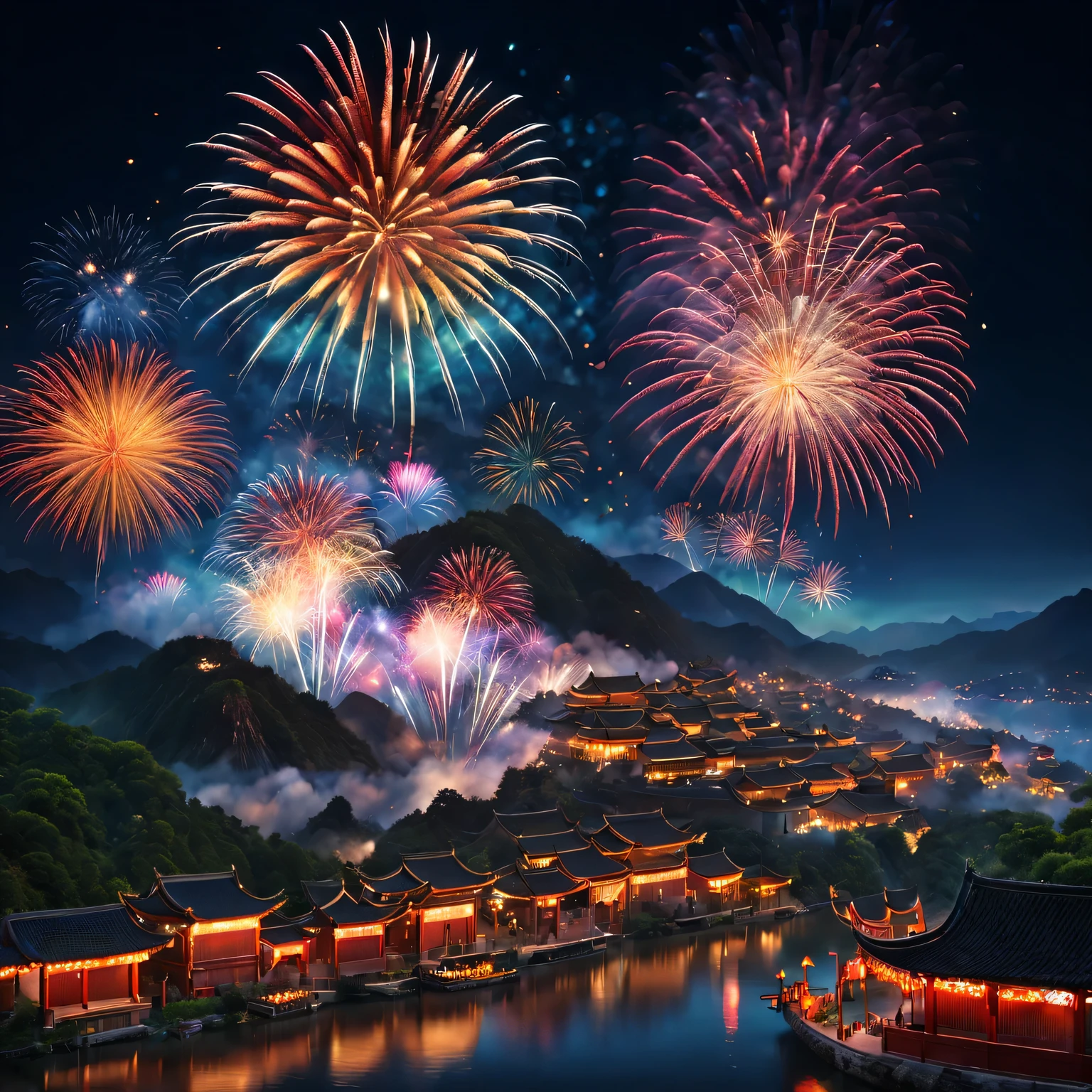 (A high resolution,Best quality at best,tmasterpiece:1.2) a traditional chinese village, Grand New Year Fireworks Show, Colorful fireworks show, dynamic and energetic, Capture the vibrant atmosphere of the venue , Perfectly capture the intricate details of every exploding firework, professional photoshooting, vivd colour, Focus sharp, A true portrait of stunning fireworks, illuminate the night sky, Show the beauty of celebration, magnificent artistic depiction , Capturing the essence of the holiday spirit, Carefully created works, Use studio lighting to highlight fireworks, Clever use of bokeh creates a dreamy and captivating atmosphere, Amazing fireworks display, Bring the excitement and joy of New Year celebrations to life.