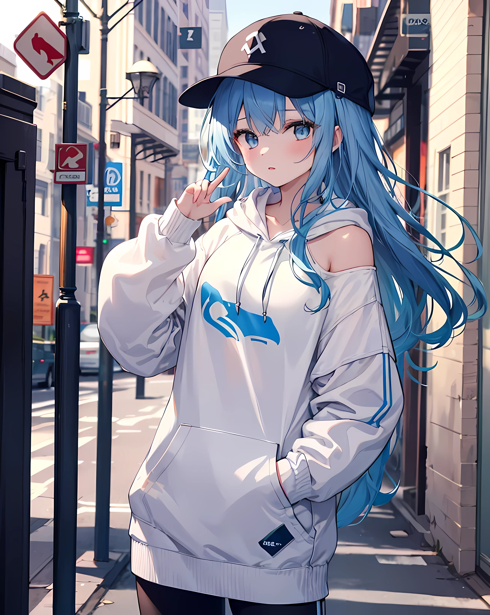 masterpiece,1girl,solo,long hair,blue hair,hoodie,off shoulder:1.2, mob cap, street,hand on hip, hand in pocket,