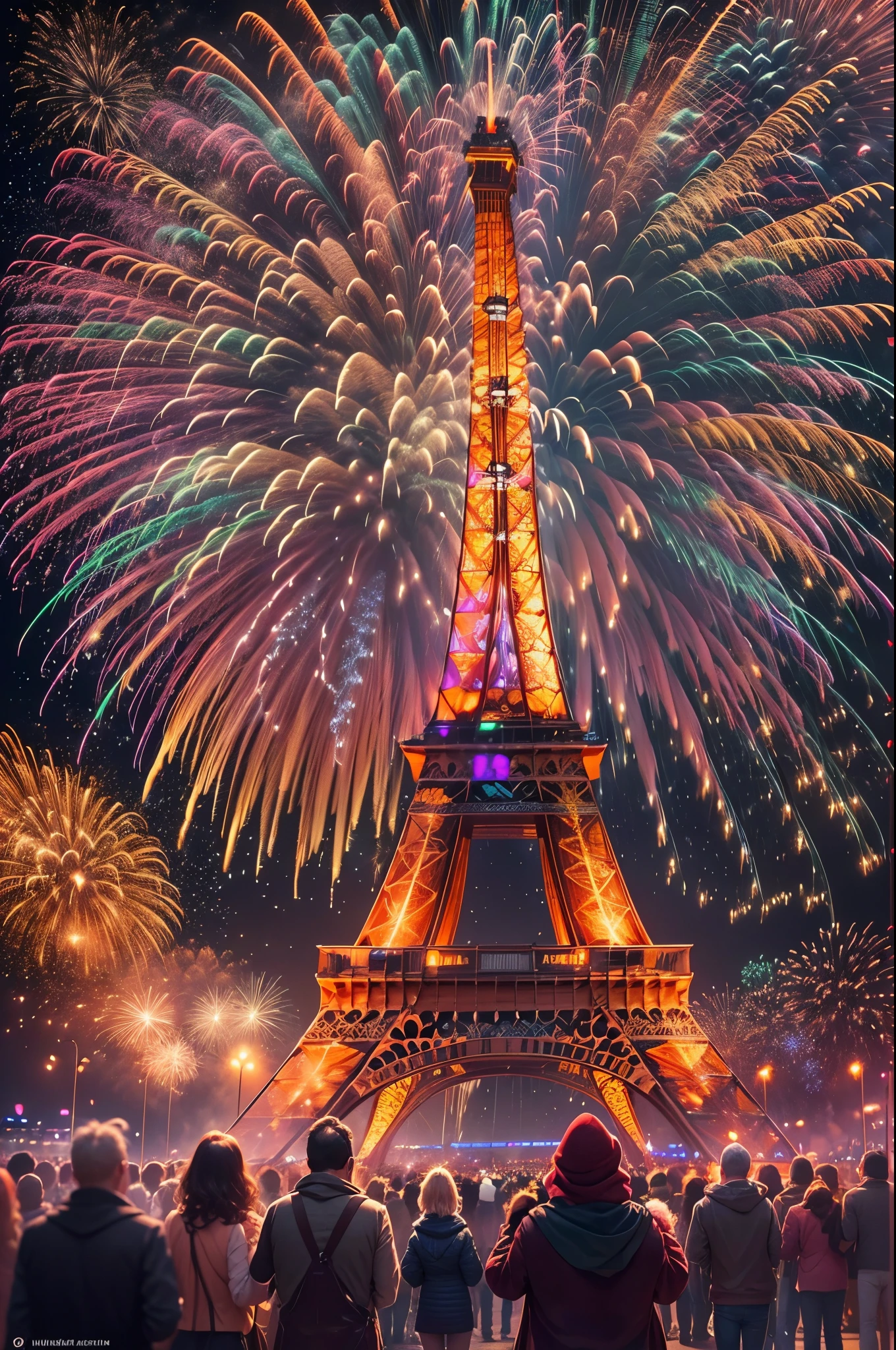 (high resolution,best quality,masterpiece:1.2) Paris Grand New Year Fireworks Show, colorful fireworks display, vibrant and dynamic, capturing the energetic atmosphere of the , intricate details of each exploding firework captured perfectly, professional photography, vivid colors, sharp focus, realistic portrayal of the stunning fireworks, illuminating the night sky, showcasing the beauty of the celebration, artistic depiction of the grand , capturing the essence of the festive spirit, expertly composed composition, utilizing studio lighting to accentuate the brilliance of the fireworks, masterful use of bokeh to create a dreamy and enchanting atmosphere, visually stunning display of pyrotechnics, bringing the excitement and joy of the New Year festivities to life.