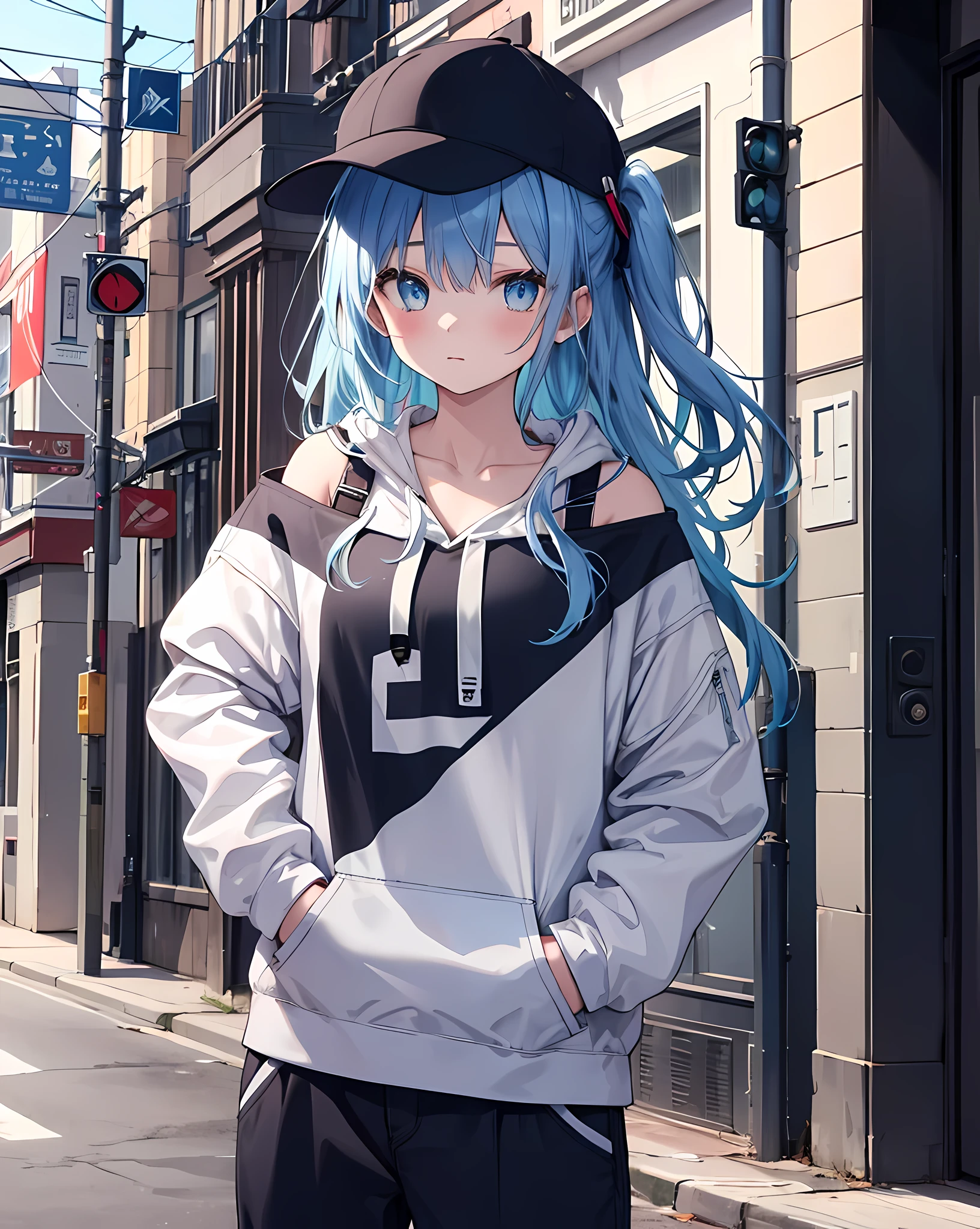 masterpiece,1girl,solo,long hair,blue hair,hoodie,off shoulder:1.2, mob cap, street,hand on hip, hand in pocket,