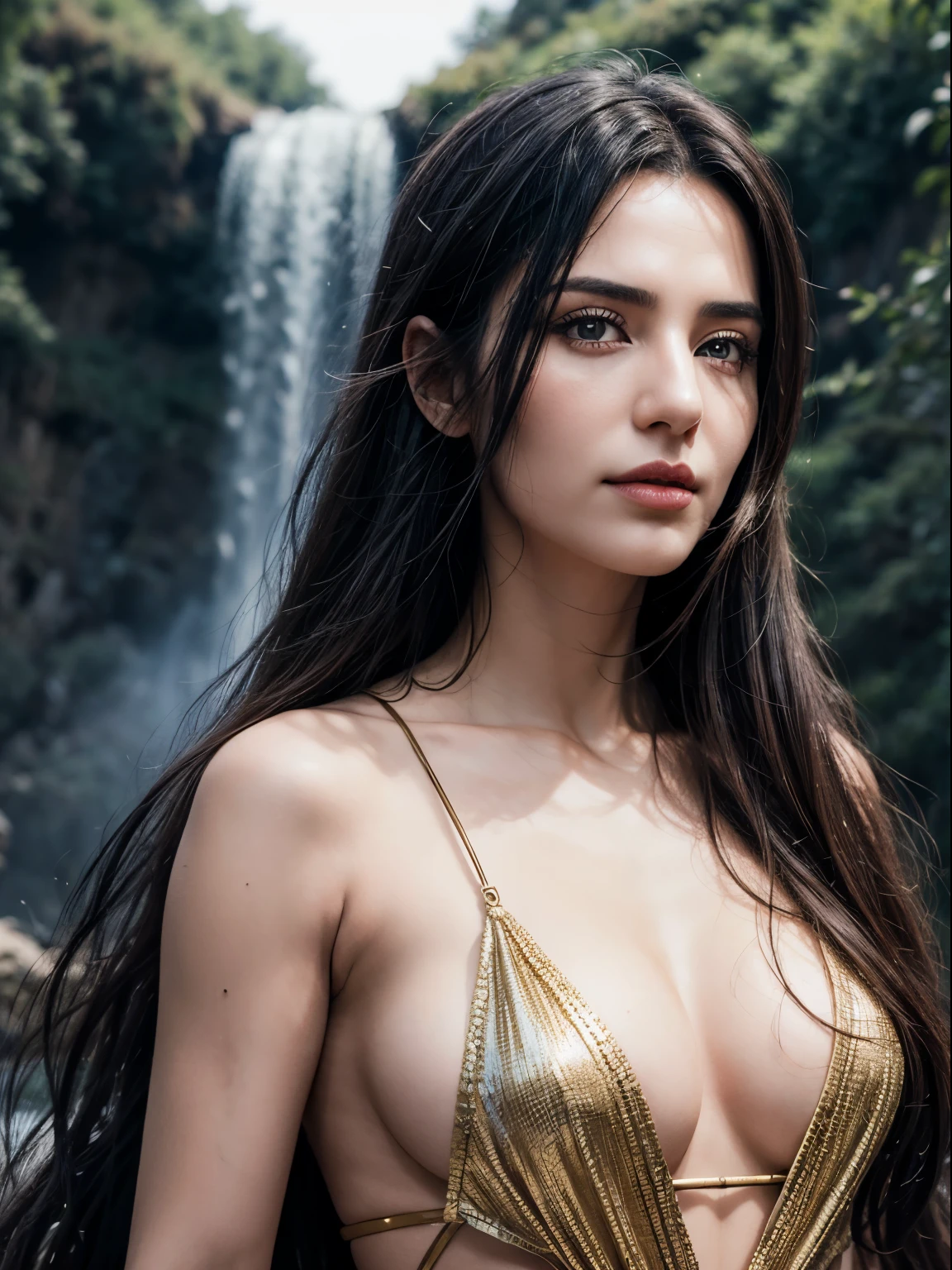 Ozge Torer Turkish actres Bala Hatun in 25 years old, perfect age, ultra realistic face, long black hair:1.3, in waterfall, wore a sexy and revealing traditional turkish Islak suite, 4k resolutionfull lips, detailed background, depth of field, volumetric lighting, sharp focus, absurdres, realistic proportions, good anatomy, (realistic, hyperrealistic:1.4), 16k hdr