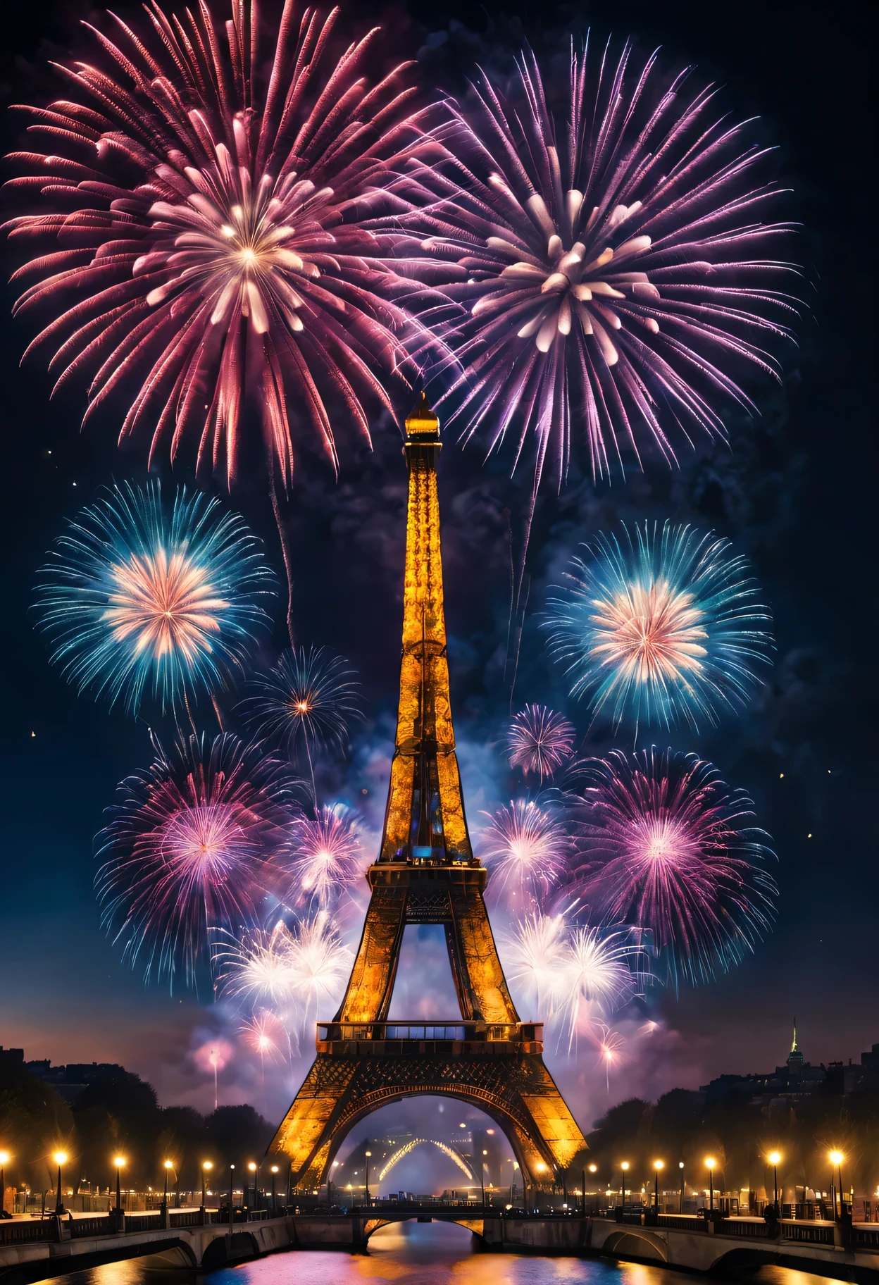(A high resolution,Best quality at best,tmasterpiece:1.2) Grand New Year Fireworks Show in Paris, Colorful fireworks show, dynamic and energetic, Capture the vibrant atmosphere of the venue , Perfectly capture the intricate details of every exploding firework, professional photoshooting, vivd colour, Focus sharp, A true portrait of stunning fireworks, illuminate the night sky, Show the beauty of celebration, magnificent artistic depiction , Capturing the essence of the holiday spirit, Carefully created works, Use studio lighting to highlight fireworks, Clever use of bokeh creates a dreamy and captivating atmosphere, Amazing fireworks display, Bring the excitement and joy of New Year celebrations to life.