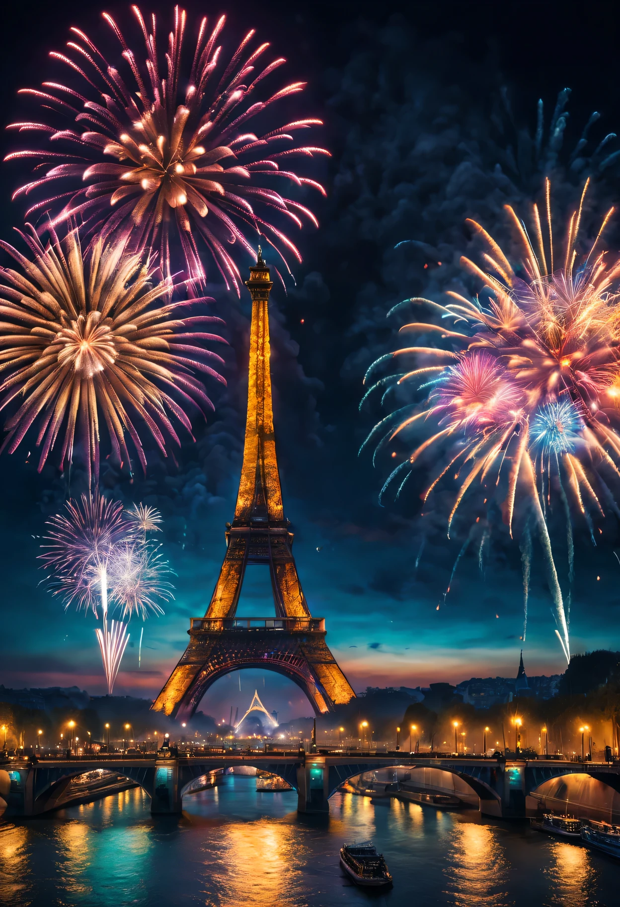 (A high resolution,Best quality at best,tmasterpiece:1.2) Grand New Year Fireworks Show in Paris, Colorful fireworks show, dynamic and energetic, Capture the vibrant atmosphere of the venue , Perfectly capture the intricate details of every exploding firework, professional photoshooting, vivd colour, Focus sharp, A true portrait of stunning fireworks, illuminate the night sky, Show the beauty of celebration, magnificent artistic depiction , Capturing the essence of the holiday spirit, Carefully created works, Use studio lighting to highlight fireworks, Clever use of bokeh creates a dreamy and captivating atmosphere, Amazing fireworks display, Bring the excitement and joy of New Year celebrations to life.