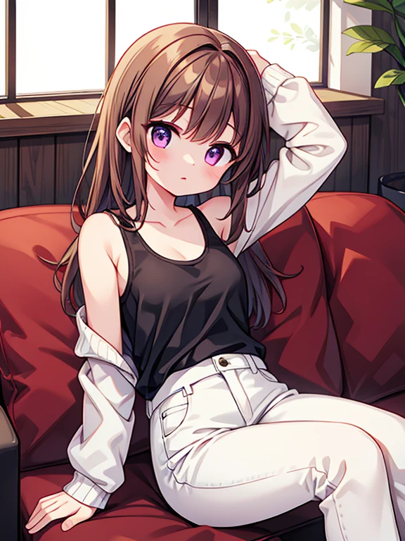 ((masterpiece,highest quality)),
1 girl, Brown hair, purple eyes, sitting with legs apart, thighs