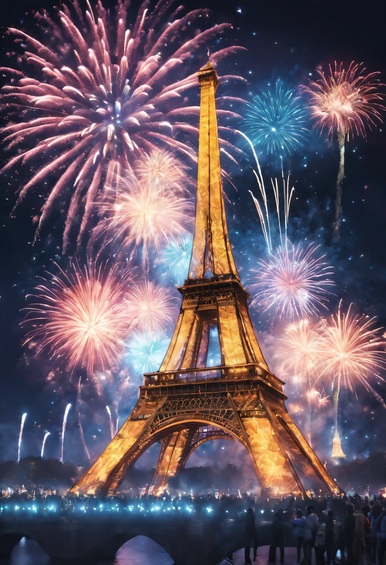 (A high resolution,Best quality at best,tmasterpiece:1.2) Grand New Year Fireworks Show in Paris, Colorful fireworks show, dynamic and energetic, Capture the vibrant atmosphere of the venue , Perfectly capture the intricate details of every exploding firework, professional photoshooting, vivd colour, Focus sharp, A true portrait of stunning fireworks, illuminate the night sky, Show the beauty of celebration, magnificent artistic depiction , Capturing the essence of the holiday spirit, Carefully created works, Use studio lighting to highlight fireworks, Clever use of bokeh creates a dreamy and captivating atmosphere, Amazing fireworks display, Bring the excitement and joy of New Year celebrations to life.