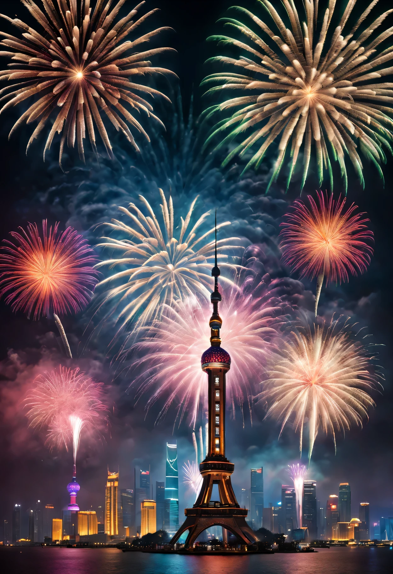 (A high resolution,Best quality at best,tmasterpiece:1.2) Shanghai New Year Fireworks Display, Colorful fireworks show, dynamic and energetic, Capture the vibrant atmosphere of the venue , Perfectly capture the intricate details of every exploding firework, professional photoshooting, vivd colour, Focus sharp, A true portrait of stunning fireworks, illuminate the night sky, Show the beauty of celebration, magnificent artistic depiction , Capturing the essence of the holiday spirit, Carefully created works, Use studio lighting to highlight fireworks, Clever use of bokeh creates a dreamy and captivating atmosphere, Amazing fireworks display, Bring the excitement and joy of New Year celebrations to life.