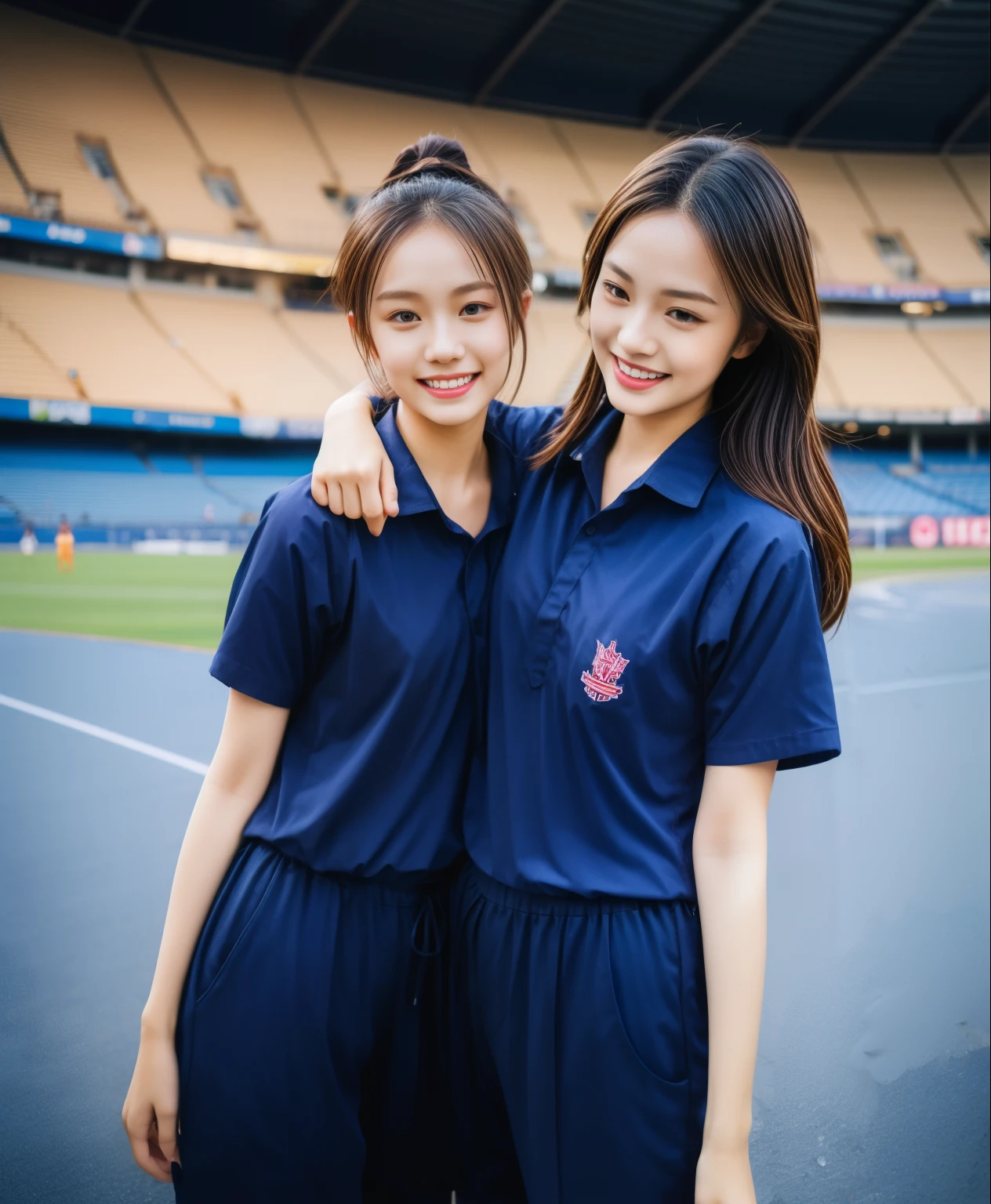 (bestquality,10,10,highres,masterpiece:1.2),ultra-detail,(Realistic,ภาพRealistic,photo-realistic:1.37),1 Cute girl in the football field,oily shiny skin,bara,light smile,BDclothelue shirt:1.3)),short sleeves,shirt, trousers.,(navy_long_ติดตามtrousers:1.1), ((Stadium Background:1.3)),dynamic angle,excited,face focus,Dynamic Poses,from behide,Ass Focus,masterpiece, bestquality, ultra realistic, hyper-detail, 8k resolution, RAW photo, crisp focus, ((Navy blue shirt:1.1)), short sleeves, เส้นทางlong, Complete bodyแบบ, 2 mature women, 18yo, cinematic light,trousersวอร์มสีน้ําเงิน,Gymware,Correct anatomy,Complete body, Correct body, sharp face, Correct bodyทางกายวิภาค, full entire body, Realistic gestures, long-haired, Realistic poses,Wear long shorts..............................,ช่วงขาlong,Shapely,Sculpting Girl, Slender Figure, mannequin mannequins, Shapely, Beautiful body,trousersวอร์มสีน้ําเงิน, Two girls kissing
